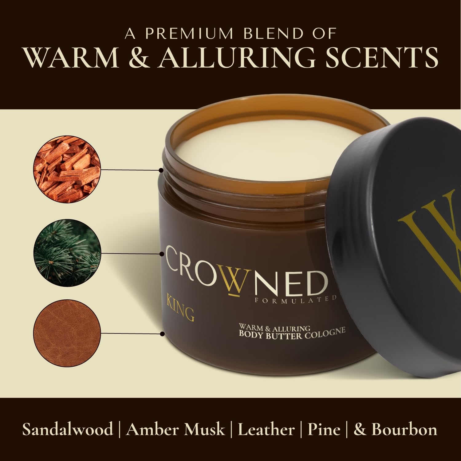 Crowned Skin King Cologned Body Butter for Men | Warm & Sensual | As Seen On Shark Tank | Scented with Sandalwood & Leather | Infused with Organic Shea & Mango Butters | All-Day Fragrance | 4.4oz - Image 6