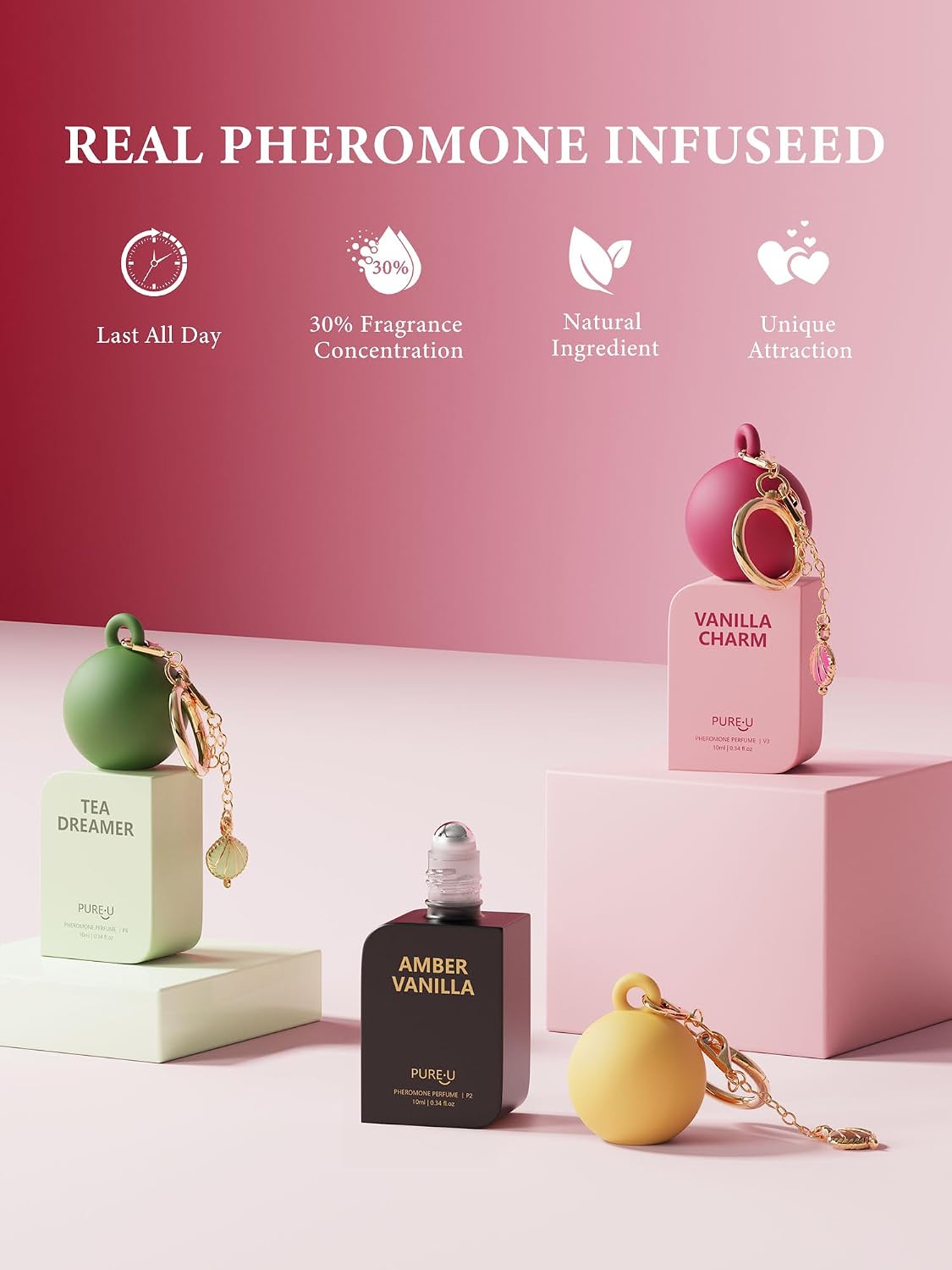 PUREU Amber Vanilla Pheromone Perfume Oil for Women, Long Lasting Extrait de Parfum Roll On with Clip-on Keychain, Alcohol Free Portable Travel Size Fragrance for Date Night & On-the-Go, 0.34 Fl OZ - Image 5