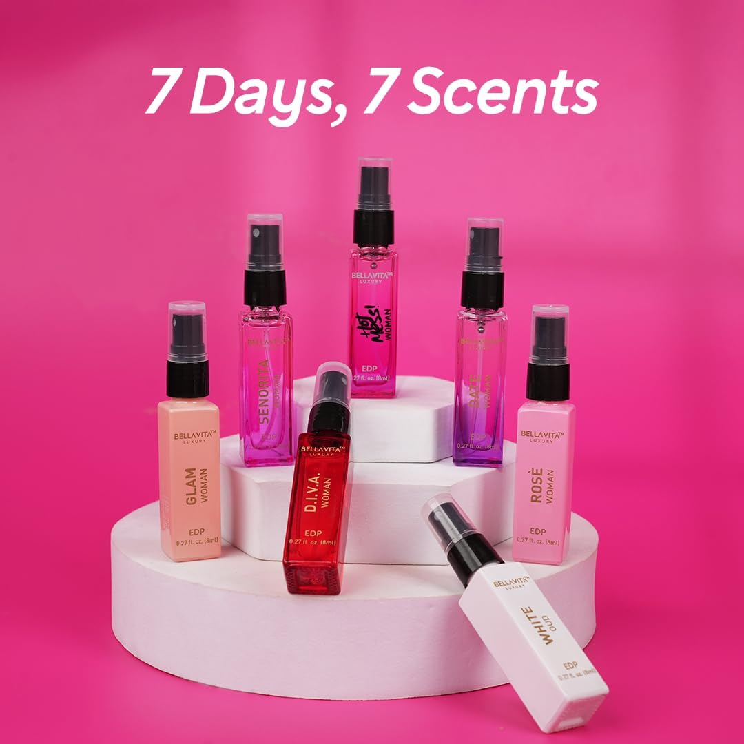 Bellavita Luxury Women's Perfume Discovery Gift Set with Date, Glam, Diva, Rose, Hot Mess, White Oud, and Senorita | 7 X 8ml | Floral, Fresh, Fruity Scent Profile | Mother's Day Present - Image 7