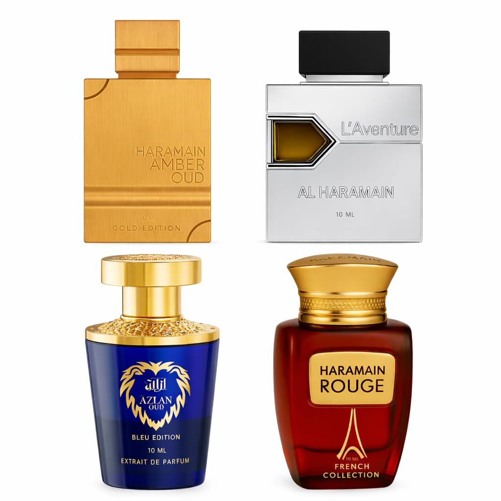 Al Haramain Fragrance Discovery Set for Men & Women – 4×10ml Each, (Amber Oud Gold Edition + L'aventure + Azlan Oud Amber Edition + Blanche)