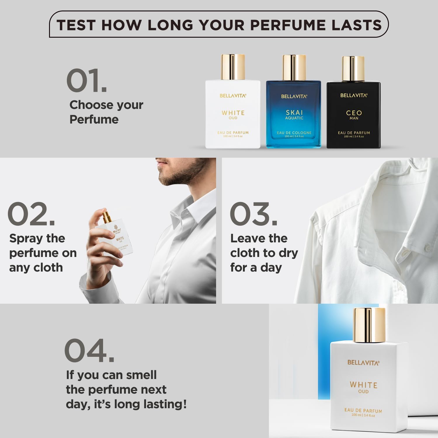 Bellavita Luxury White Oud Eau de Parfum | 100 ml (3.4 fl.oz.) | Perfume for Men and Women | Fruity, Artemisia Lemon, Freesia, and Tobacco Notes | Long Lasting Unisex Fragrance - Image 8