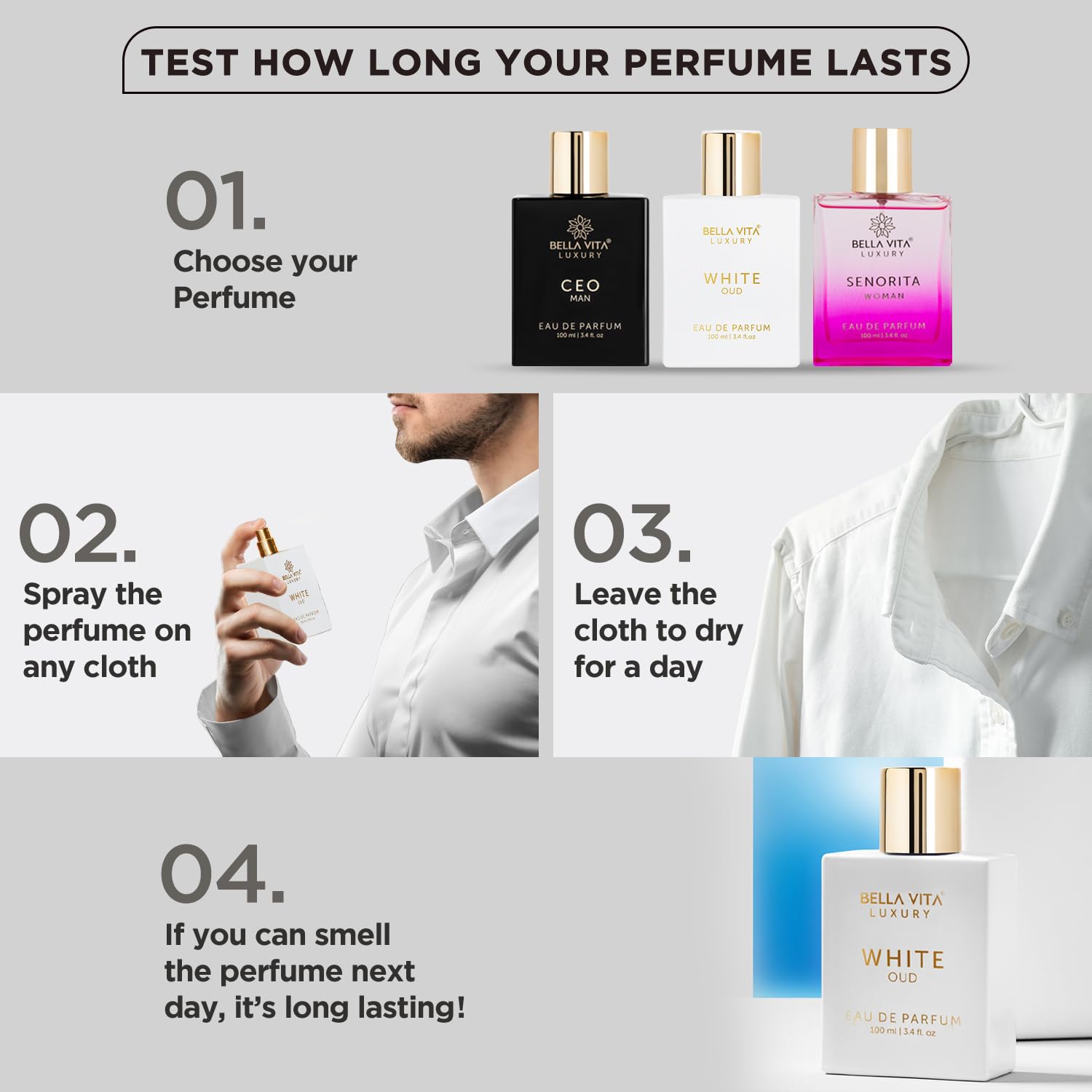 Bellavita Luxury White Oud Eau de Parfum | 100 ml (3.4 fl.oz.) | Perfume for Men and Women | Fruity, Artemisia Lemon, Freesia, and Tobacco Notes | Long Lasting Unisex Fragrance - Image 9