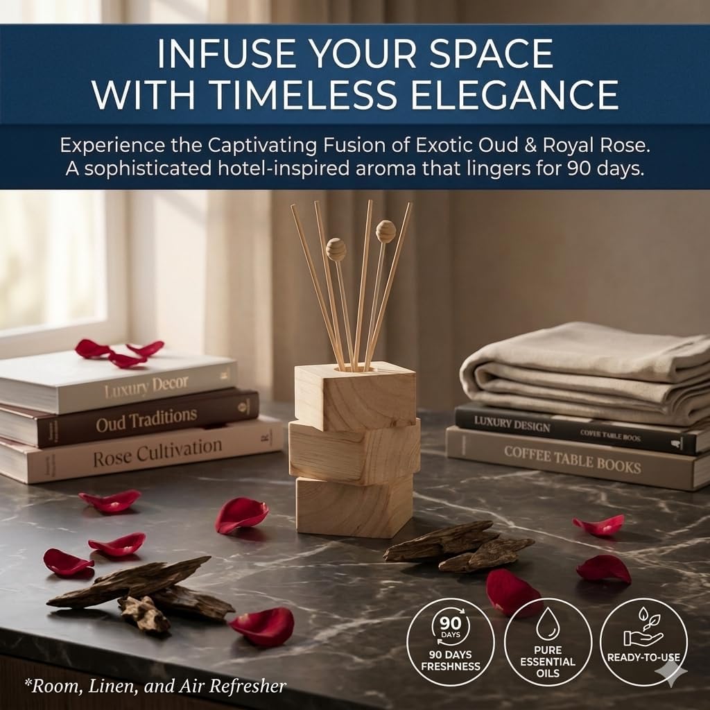 Oud Rose Reed Diffuser for Home, Luxury Hotel Collection Scent Inspired by Ritz Carlton, Long Lasting Fragrance, Minimalist Design, Bathroom Accessories/Bedroom Office Decor Gift, 3.34 Fl Oz - Image 4