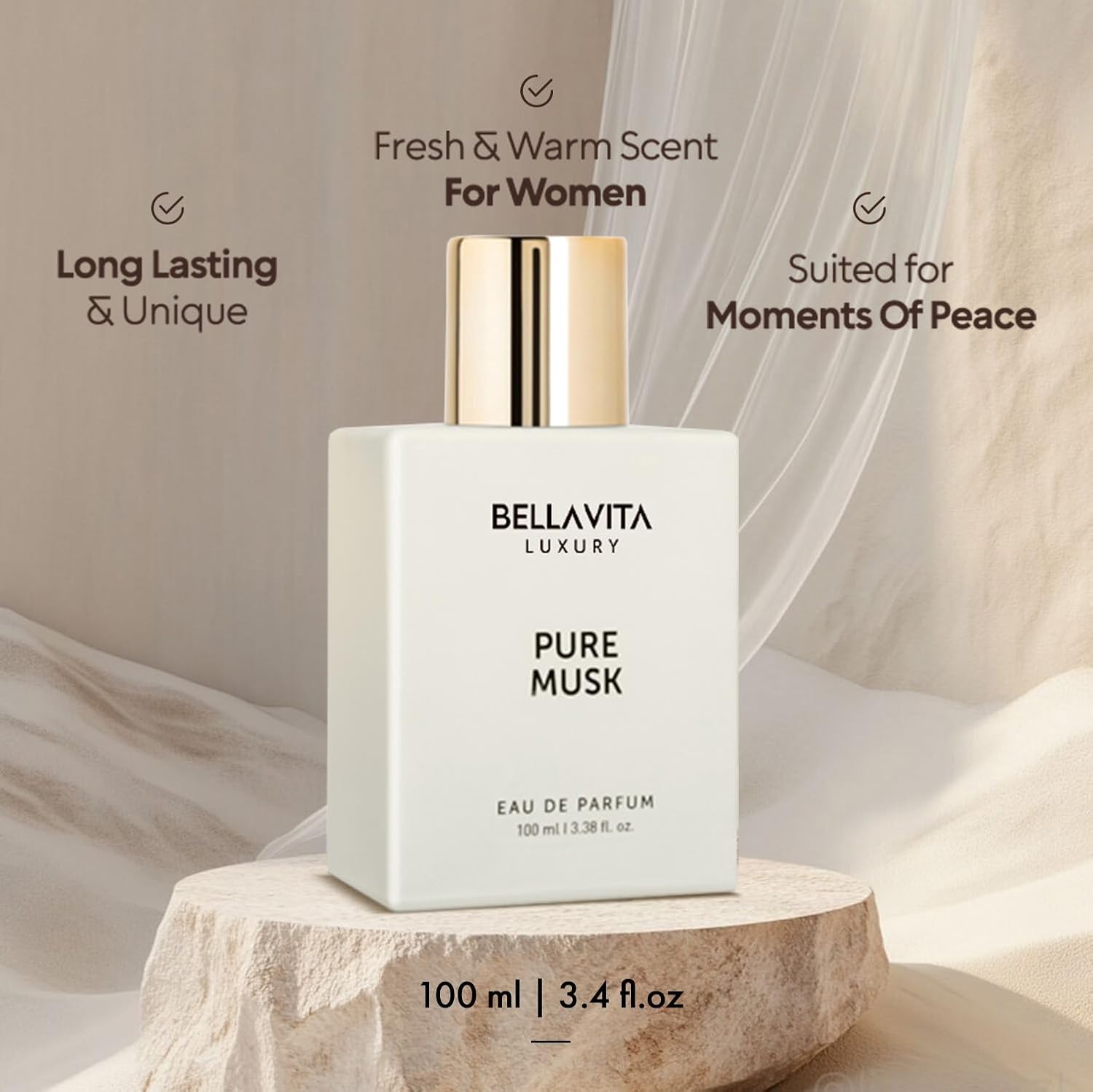 Bellavita Luxury Pure Musk Eau de Parfum | 100 ml (3.4 fl.oz.) | Perfume for Men and Women | Floral, Lily of the Valley, Sandalwood, Tolu Balsam Notes | Long Lasting Unisex Fragrance - Image 2