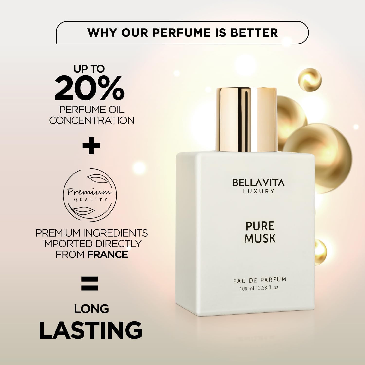 Bellavita Luxury Pure Musk Eau de Parfum | 100 ml (3.4 fl.oz.) | Perfume for Men and Women | Floral, Lily of the Valley, Sandalwood, Tolu Balsam Notes | Long Lasting Unisex Fragrance - Image 4