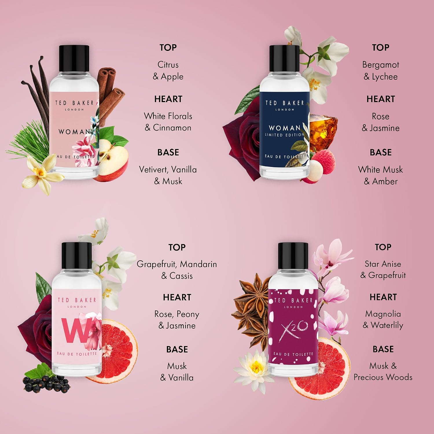 Ted Baker Mini Perfume Gift Set for Her Miniature Fragrances: Woman, Woman Limited Edition, W, X2O Travel Friendly, Floral & Fruity Eau de Toilette Collection 4 x 0.5 fl oz - Image 6