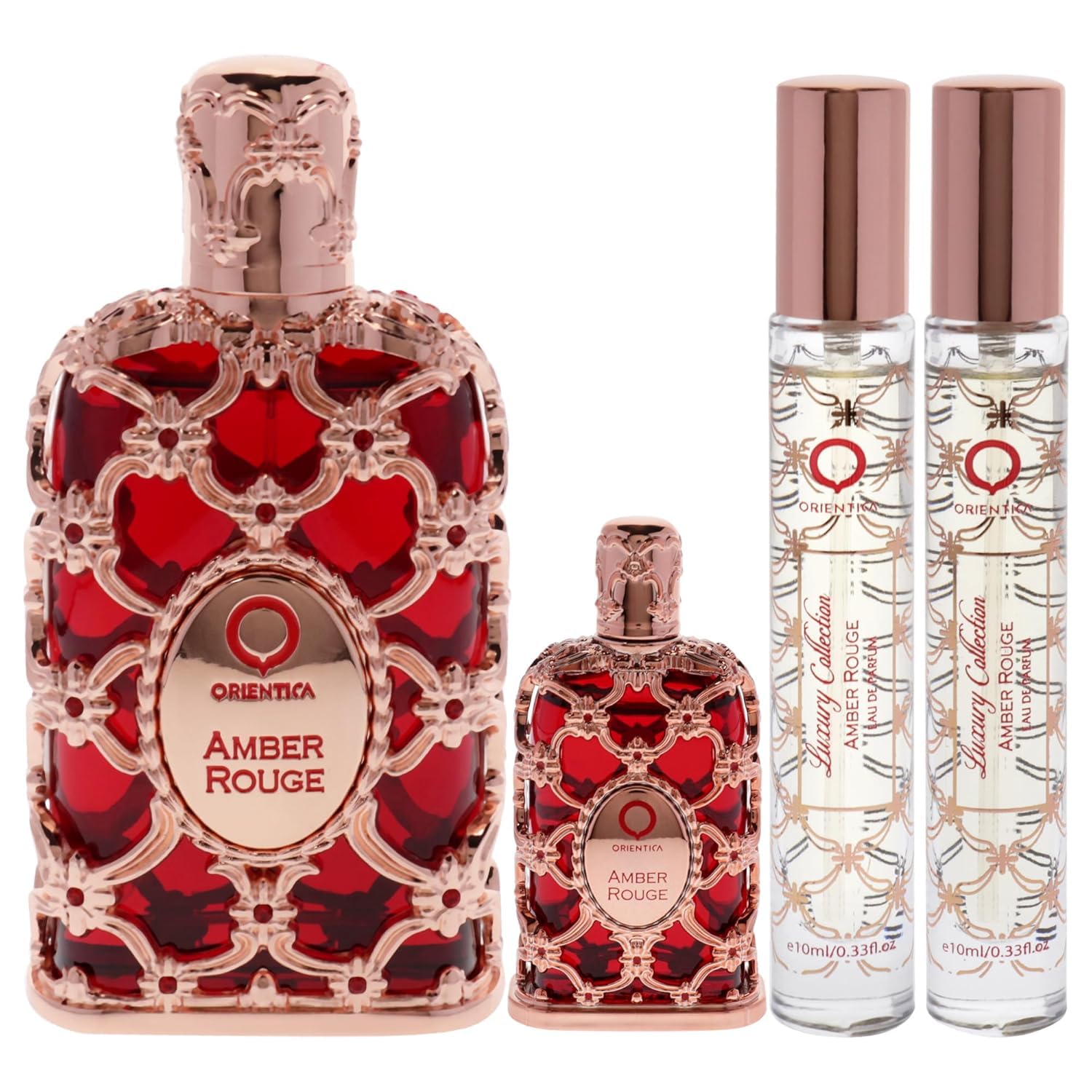 Orientica Luxury Amber Rouge 4 Pc Perfume Gift Set - Notes of Amber Saffron, Jasmine & Orange - Woody, Floral Arabic Perfumes for Women & Men - Perfumes Arabes de Mujer y Hombres - Image 2