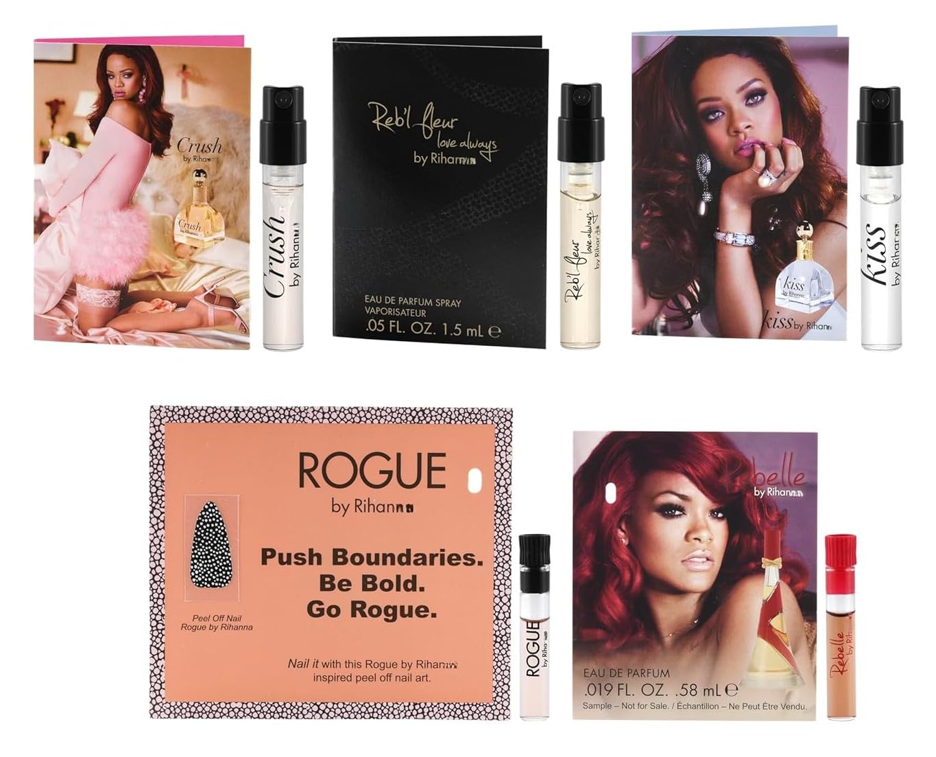 Women's Perfume Sampler Set, 5 Piece Eau de Parfum Sample Vials - Crush, Reb'l Fleur, Kiss, Rogue, Rebelle, 0.02-0.05 Fl Oz Each