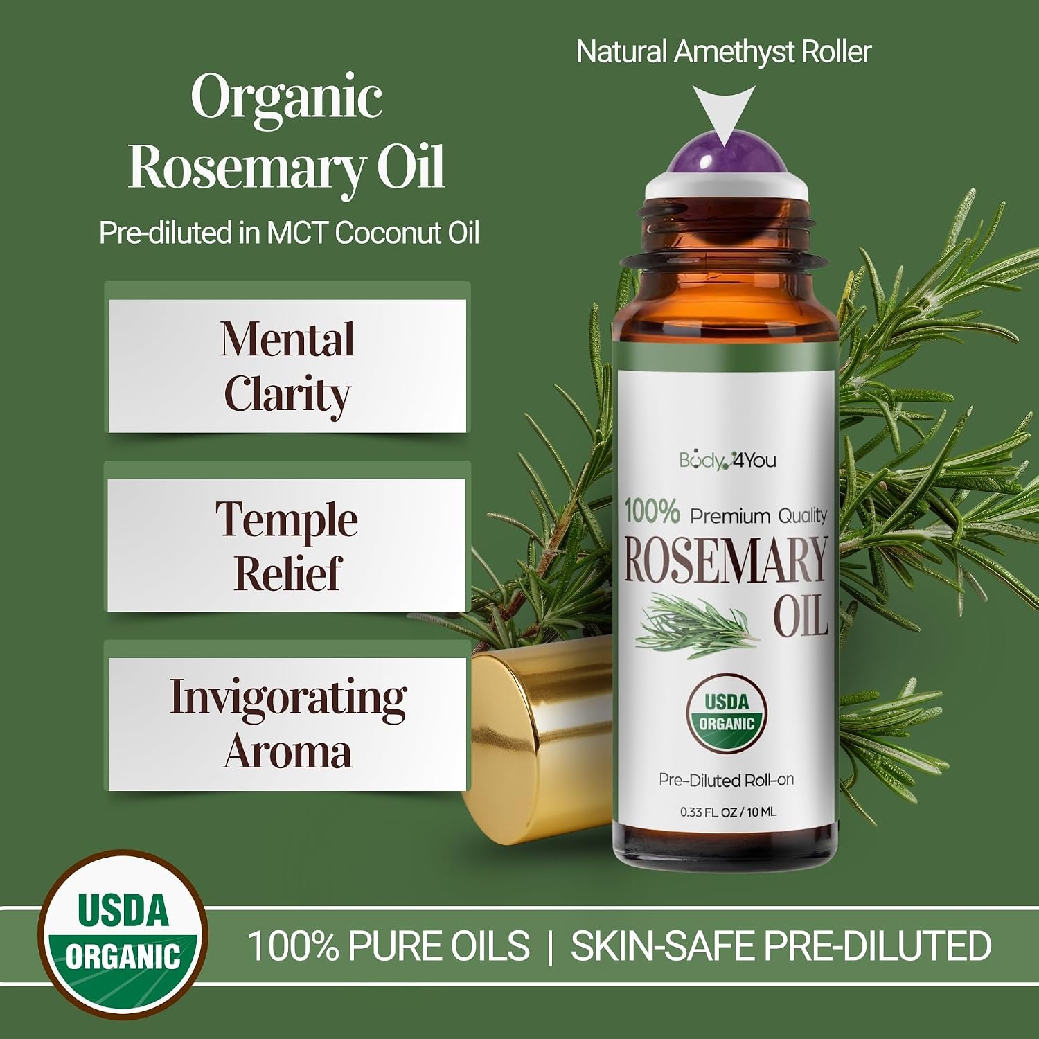 Rosemary Essential Oil Roll On for Hair Growth Scalp Massage Care - 100% Pure USDA Organic MCT Coconut Oil - Eyebrow Beard Growth Hairline Roots Mental Clarity Focus - Gemstone Roller 10ml Travel Size - Image 2