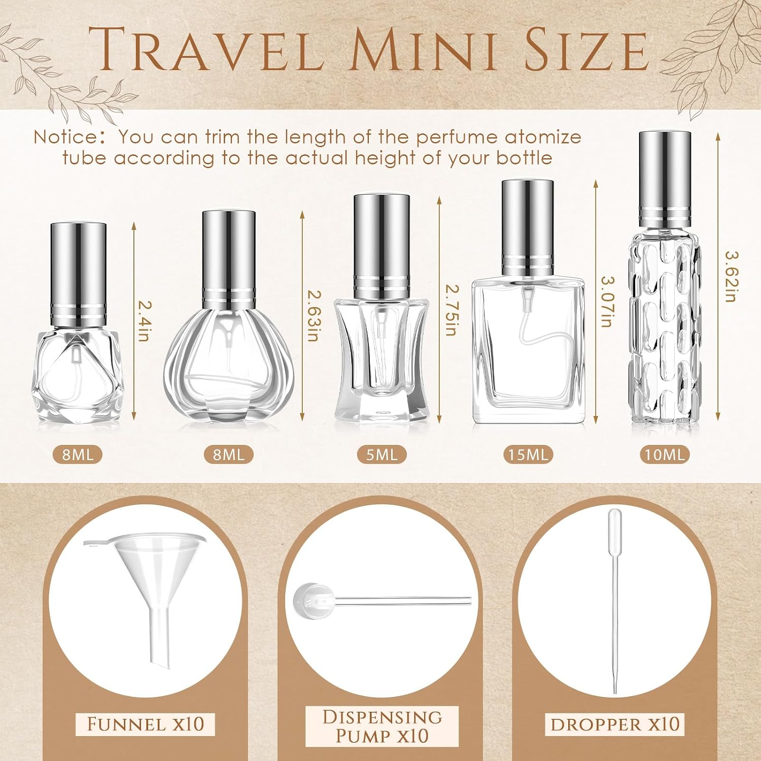 Domensi 30 Pack 5ml/8ml/10ml/15ml Perfume Bottles Empty Kit, Vintage Glass Perfume Travel Refillable Bottles, Mini Leak-proof Refillable Atomizer Spray Kit for Wedding Gifts(Silver) - Image 2