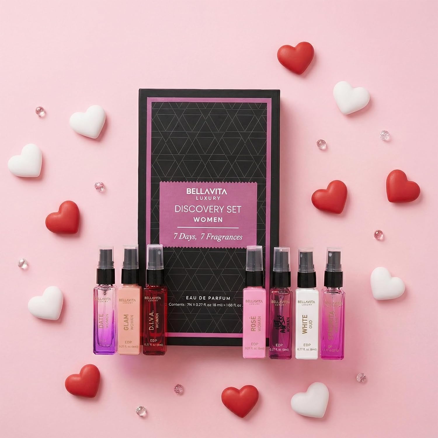 Bellavita Luxury Women's Perfume Discovery Gift Set with Date, Glam, Diva, Rose, Hot Mess, White Oud, and Senorita | 7 X 8ml | Floral, Fresh, Fruity Scent Profile | Mother's Day Present - Image 4