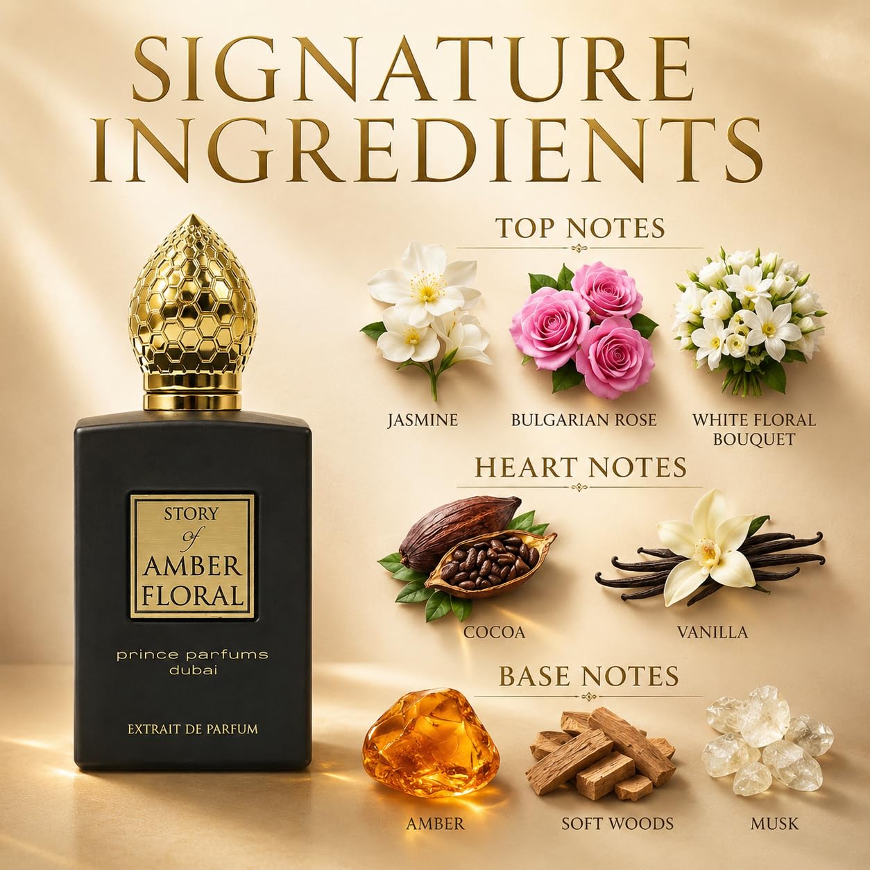 The Story of Amber Floral by Prince Parfums Dubai - 3.4 Ounces Women's Extrait de Parfum - Enchanting Essence of White Florals, Jasmine, & Bulgarian Rose - Luxurious Vanilla & Sandalwood Symphony - Image 3