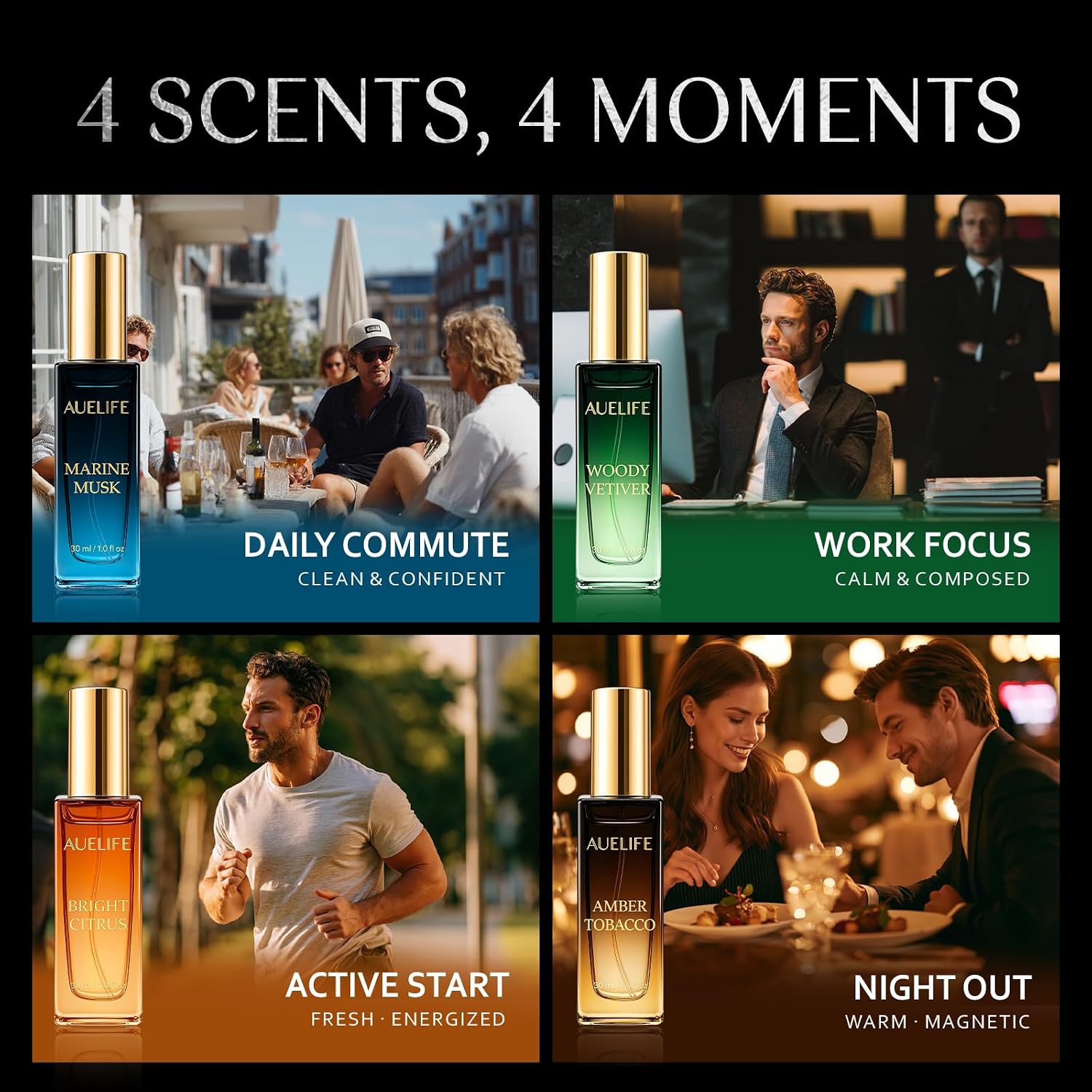 Auelife Men's Perfume Gift Set, 4x30mL Cologne, Gifts for Father, Dad & Him | Marine Musk, Woody Vetiver, Amber Tobacco & Bright Citrus Scents, Long-Lasting Alcohol-Free Perfume for Work, Dates & Travel - Image 6