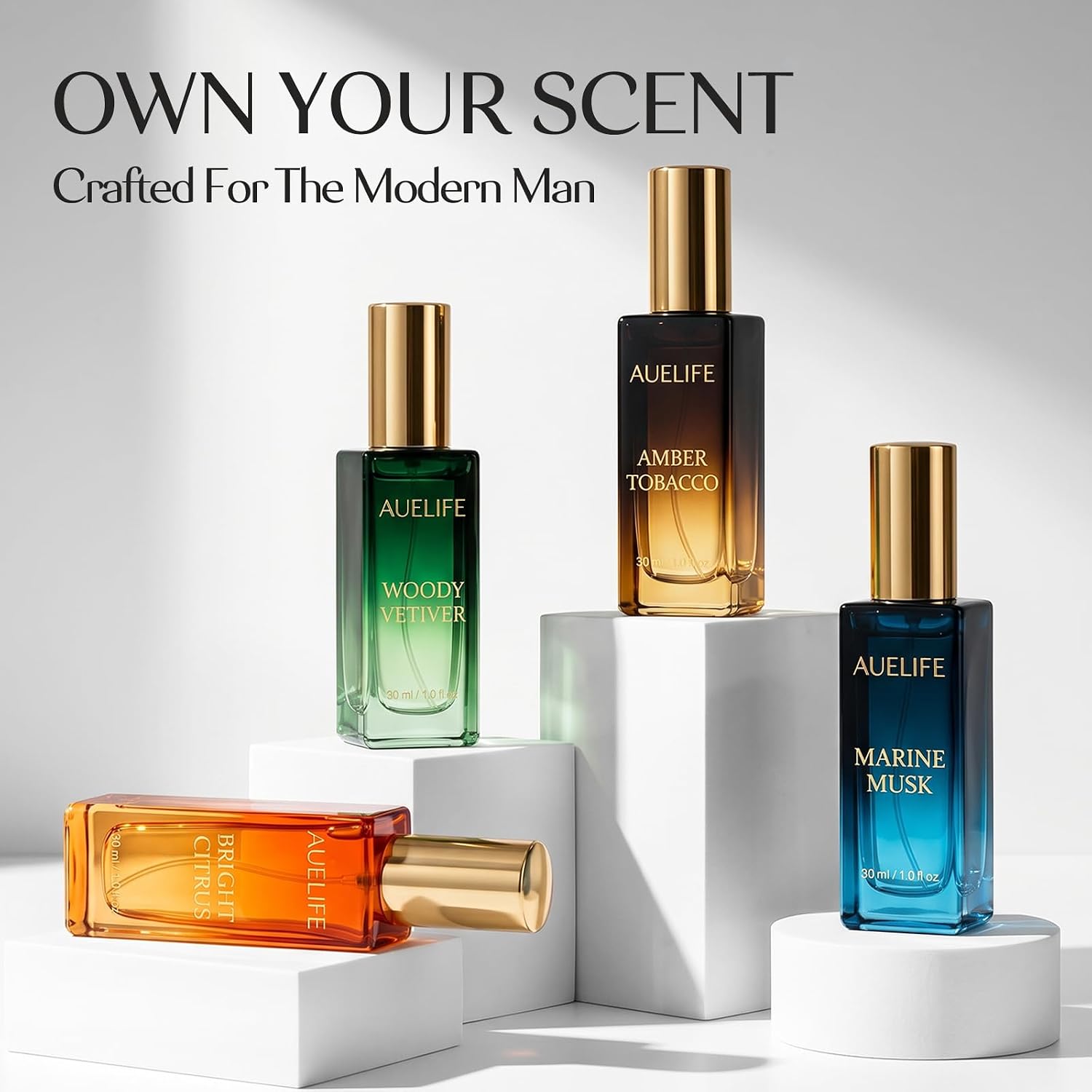Auelife Men's Perfume Gift Set, 4x30mL Cologne, Gifts for Father, Dad & Him | Marine Musk, Woody Vetiver, Amber Tobacco & Bright Citrus Scents, Long-Lasting Alcohol-Free Perfume for Work, Dates & Travel - Image 3