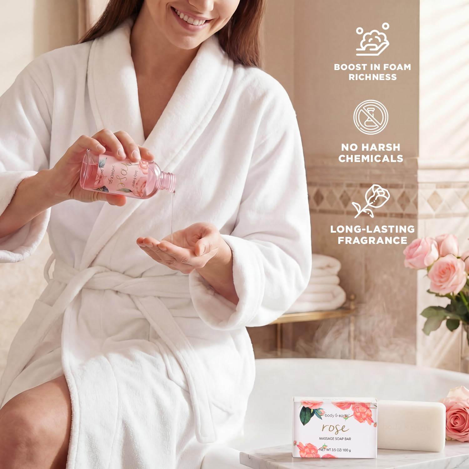 BODY & EARTH Spa Gift Set for Women - Luxurious 5 Pcs Bath and Body Box, Rose Scent, Includes Body Wash, Body Butter, Body Lotion and More, Birthday Mothers Day Gifts for Mom Self Care Kit for Her - Image 3