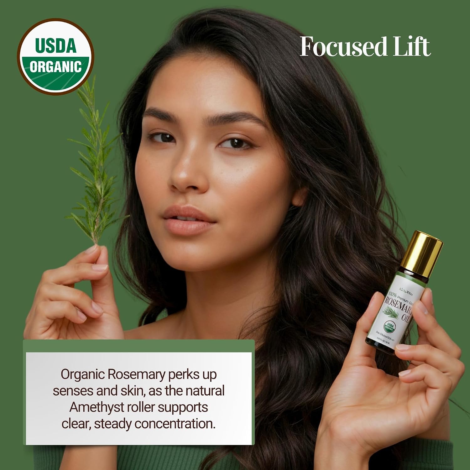 Rosemary Essential Oil Roll On for Hair Growth Scalp Massage Care - 100% Pure USDA Organic MCT Coconut Oil - Eyebrow Beard Growth Hairline Roots Mental Clarity Focus - Gemstone Roller 10ml Travel Size - Image 3