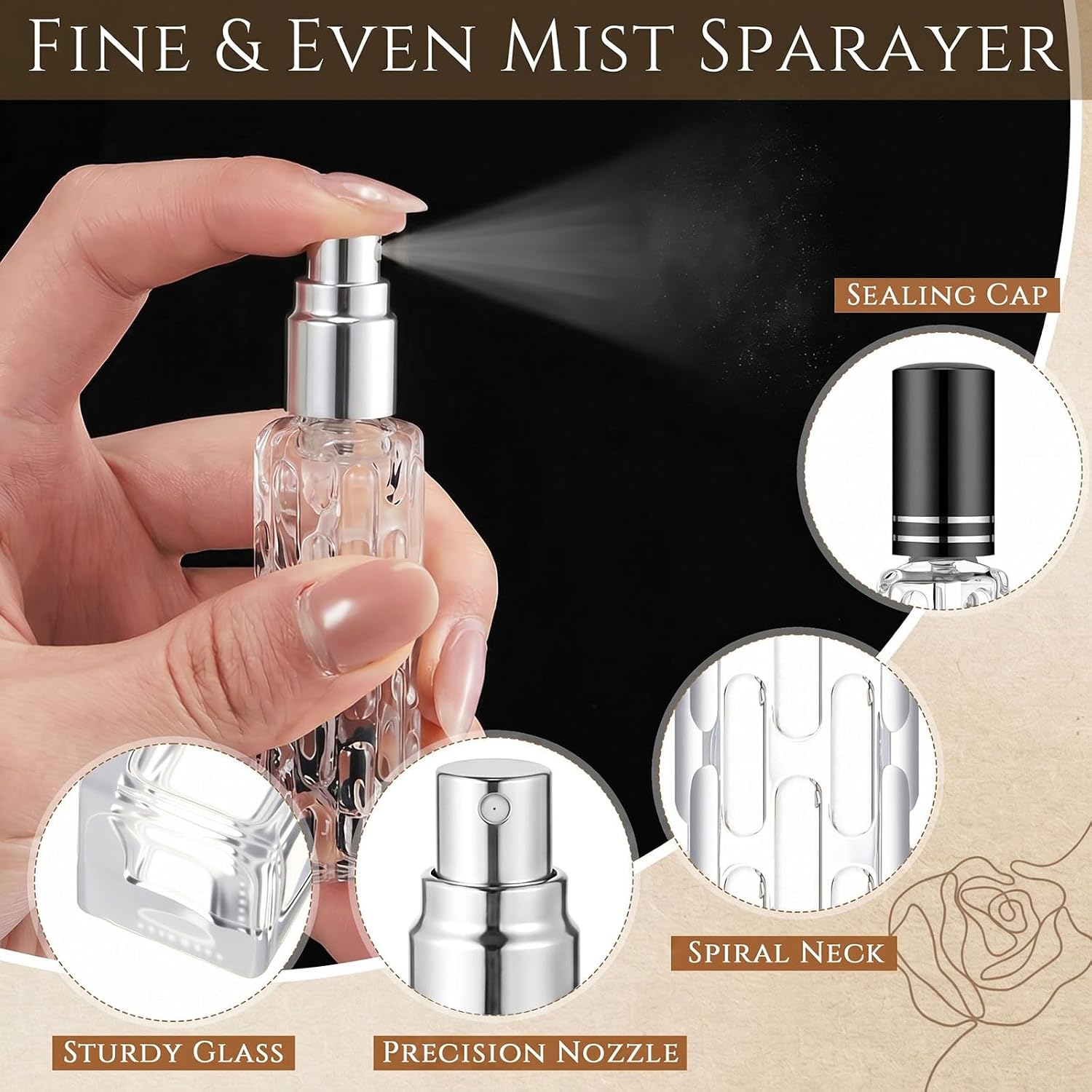 Domensi 30 Pack 5ml/8ml/10ml/15ml Perfume Bottles Empty Kit, Vintage Glass Perfume Travel Refillable Bottles, Mini Leak-proof Refillable Atomizer Spray Kit for Wedding Gifts(Black) - Image 3