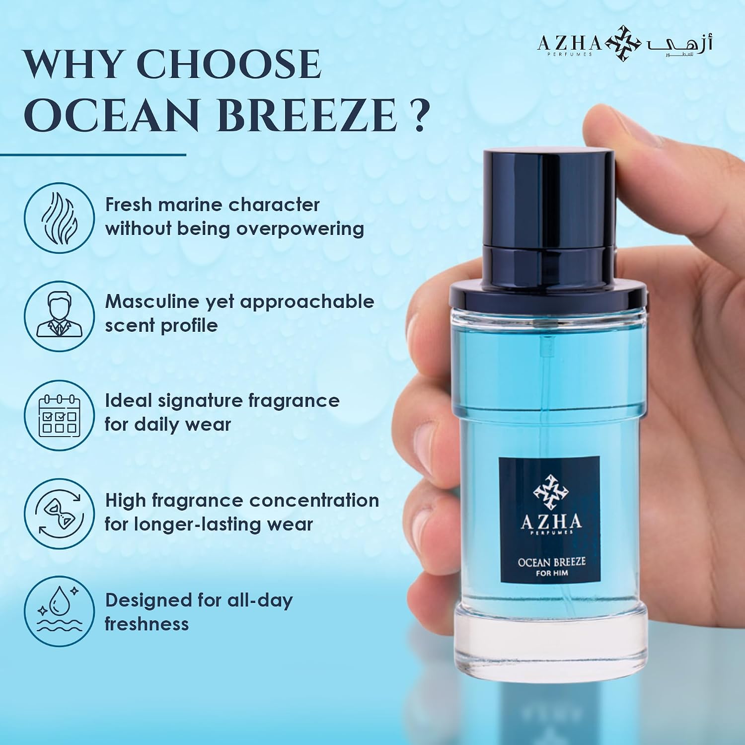 Azha Ocean Breeze - Fresh, Aquatic, Citrus, Woody - Eau de Parfum Long-Lasting Summer Fragrance for Men, 3.4 Fl Oz / 100 ml - Image 5