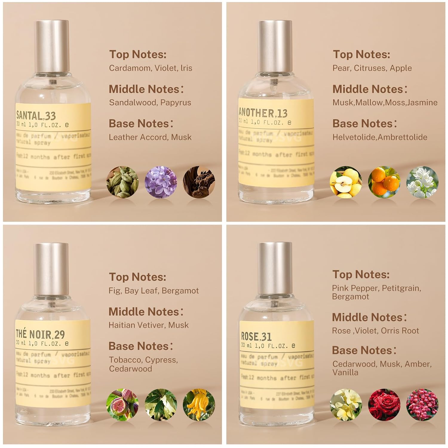 Mini Perfume for Men & Women | 4 × 30 ml Eau de Parfum Gift Set, 33Santal + 13Another + 29The Noir + 31Rose | Sandalwood Long-Lasting Fragrance for Travel, Party, Gym,Work - Image 2