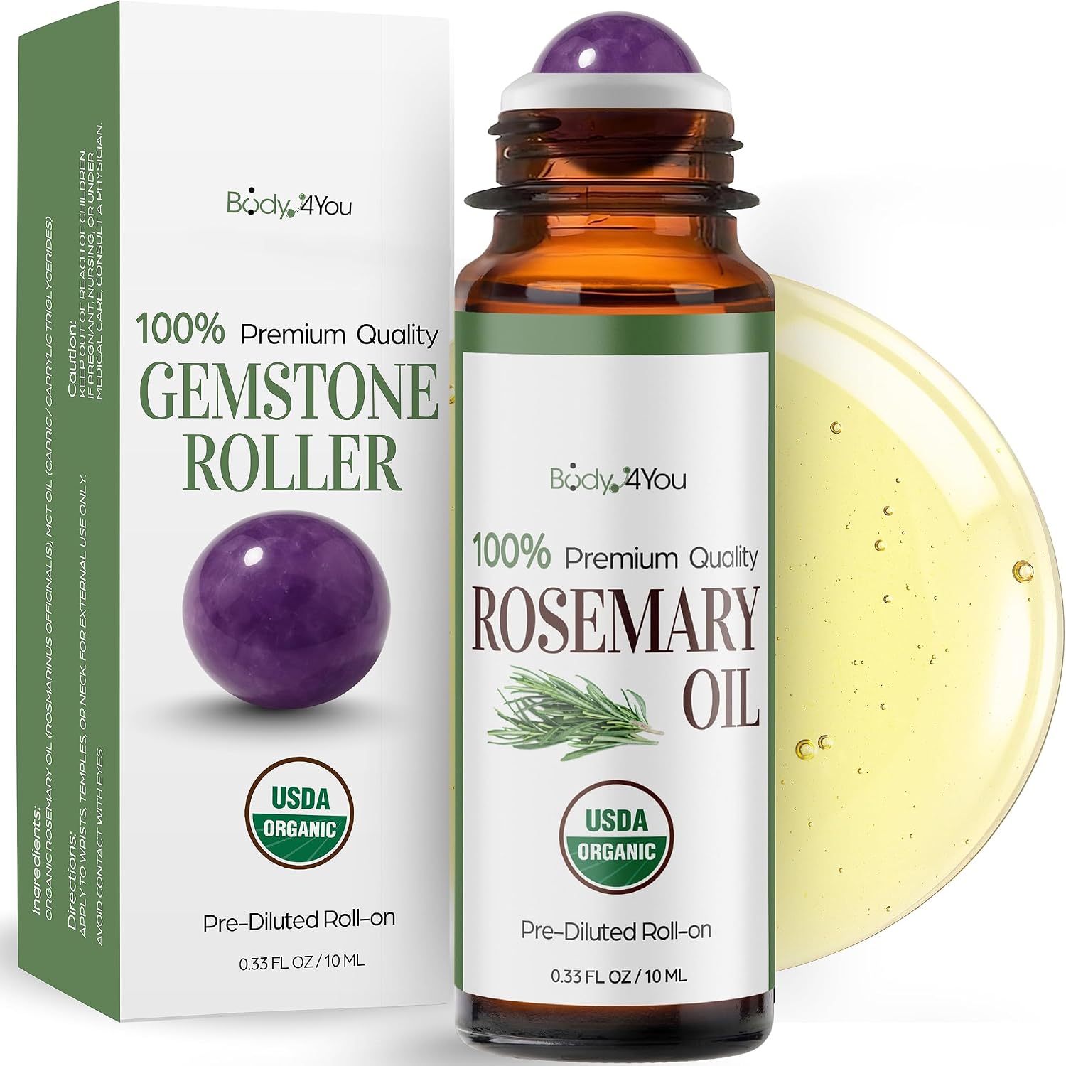 Rosemary Essential Oil Roll On for Hair Growth Scalp Massage Care - 100% Pure USDA Organic MCT Coconut Oil - Eyebrow Beard Growth Hairline Roots Mental Clarity Focus - Gemstone Roller 10ml Travel Size