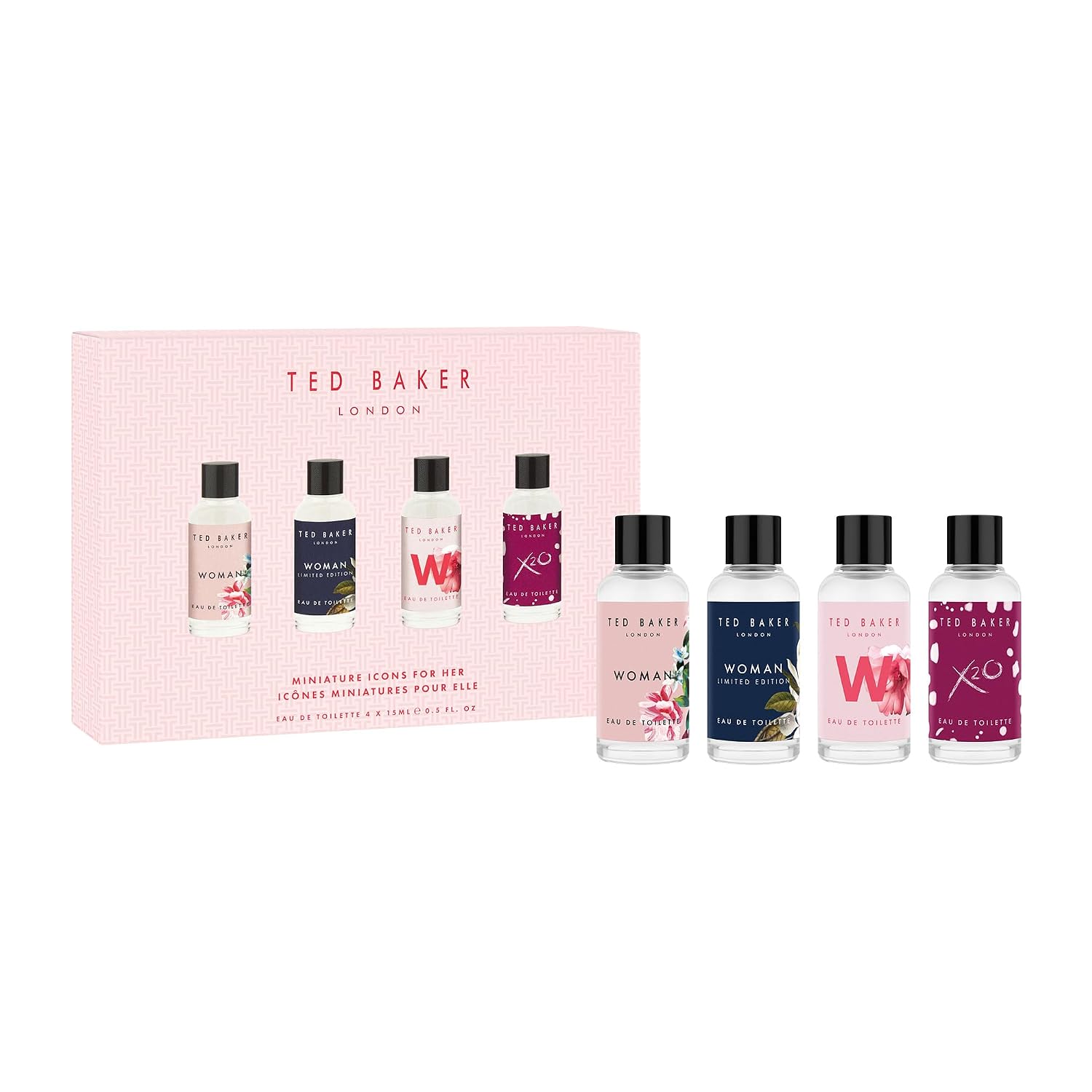 Ted Baker Mini Perfume Gift Set for Her Miniature Fragrances: Woman, Woman Limited Edition, W, X2O Travel Friendly, Floral & Fruity Eau de Toilette Collection 4 x 0.5 fl oz