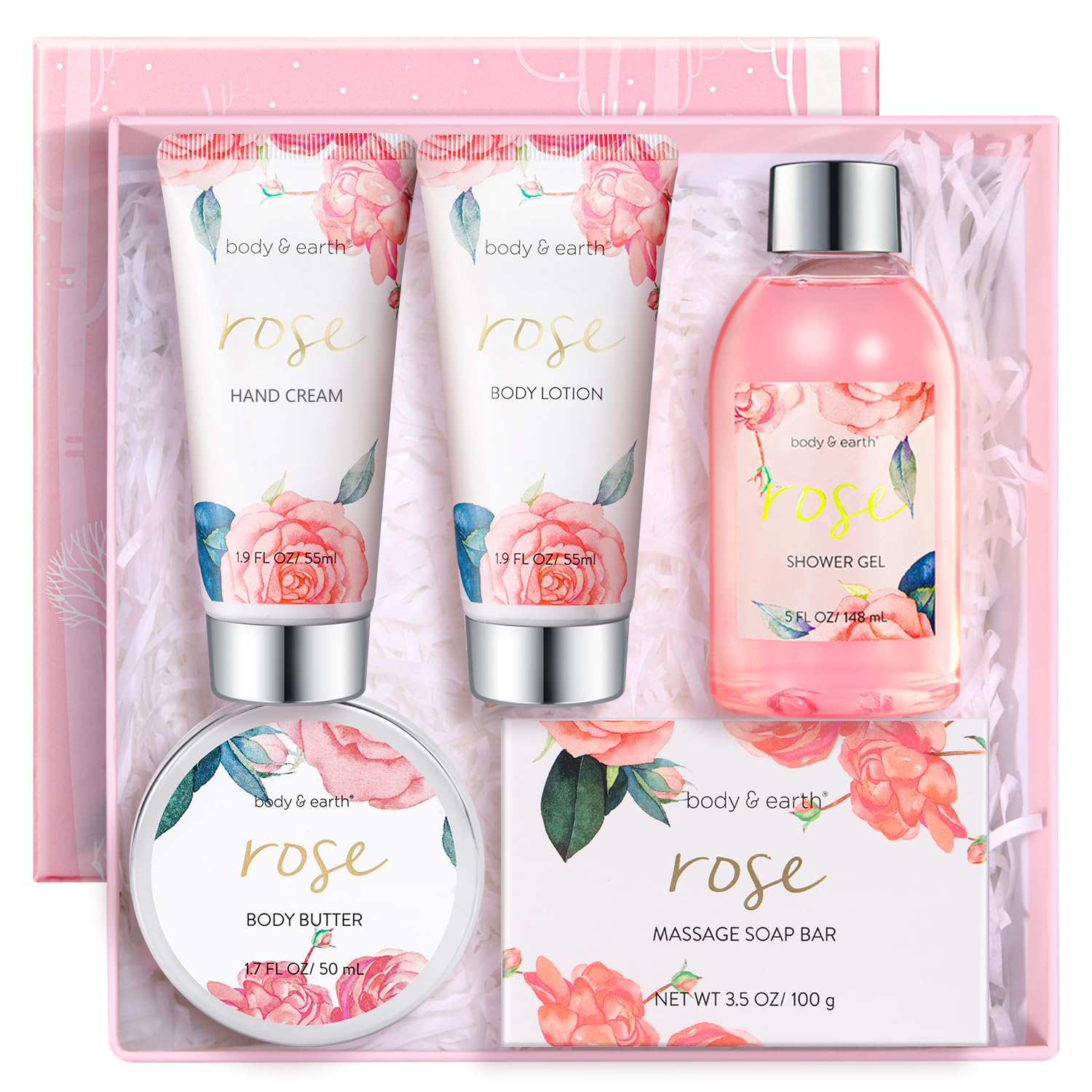 BODY & EARTH Spa Gift Set for Women - Luxurious 5 Pcs Bath and Body Box, Rose Scent, Includes Body Wash, Body Butter, Body Lotion and More, Birthday Mothers Day Gifts for Mom Self Care Kit for Her - Image 8