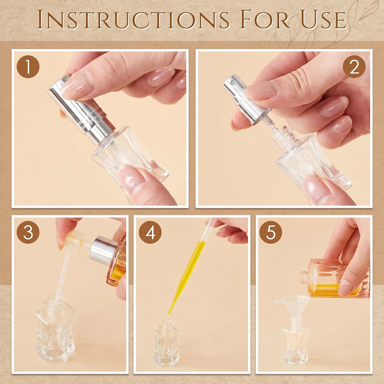 Domensi 30 Pack 5ml/8ml/10ml/15ml Perfume Bottles Empty Kit, Vintage Glass Perfume Travel Refillable Bottles, Mini Leak-proof Refillable Atomizer Spray Kit for Wedding Gifts(Silver) - Image 4
