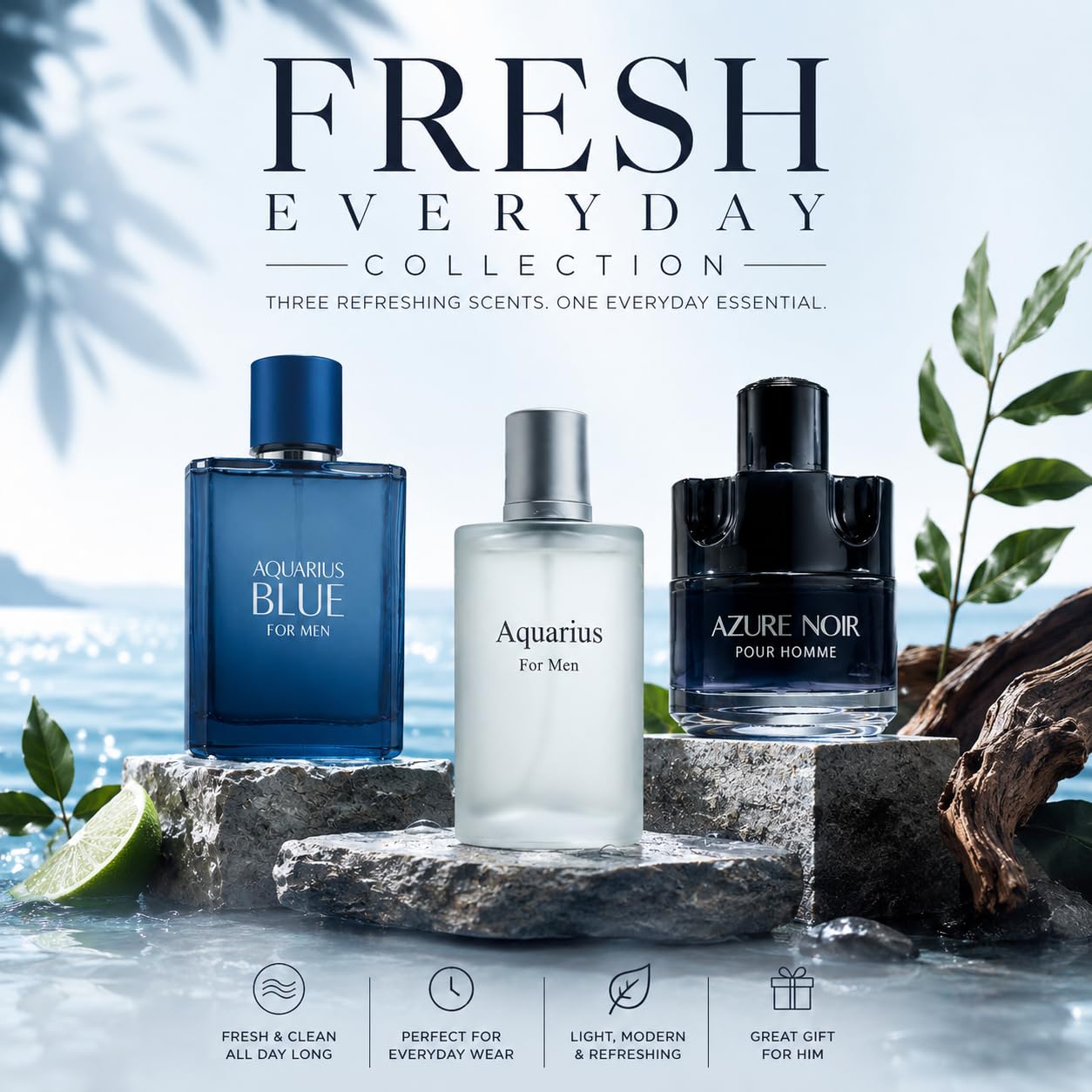 Fresh Everyday Collection for Men – 3 Piece Cologne Gift Set with Aquarius Blue, Aquarius Pour Homme & Azure Noir – Long Lasting Fresh Men’s Fragrance Set - Image 2