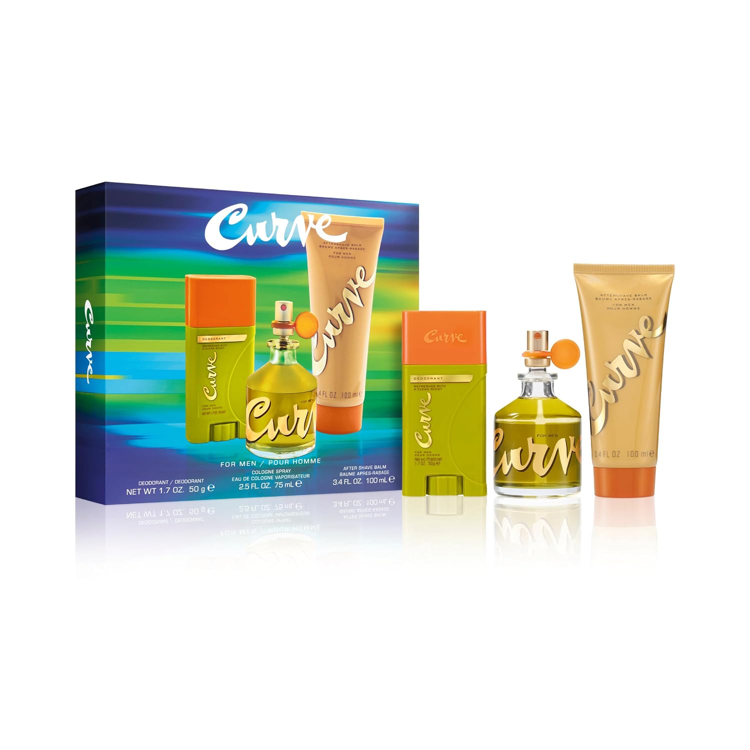 Curve for Men 3 Piece Fragrance Gift Set, Deodorant, Aftershave Balm & Cologne, Spicy Woody Magnetic Scent for Day or Night, 2.5 fl oz