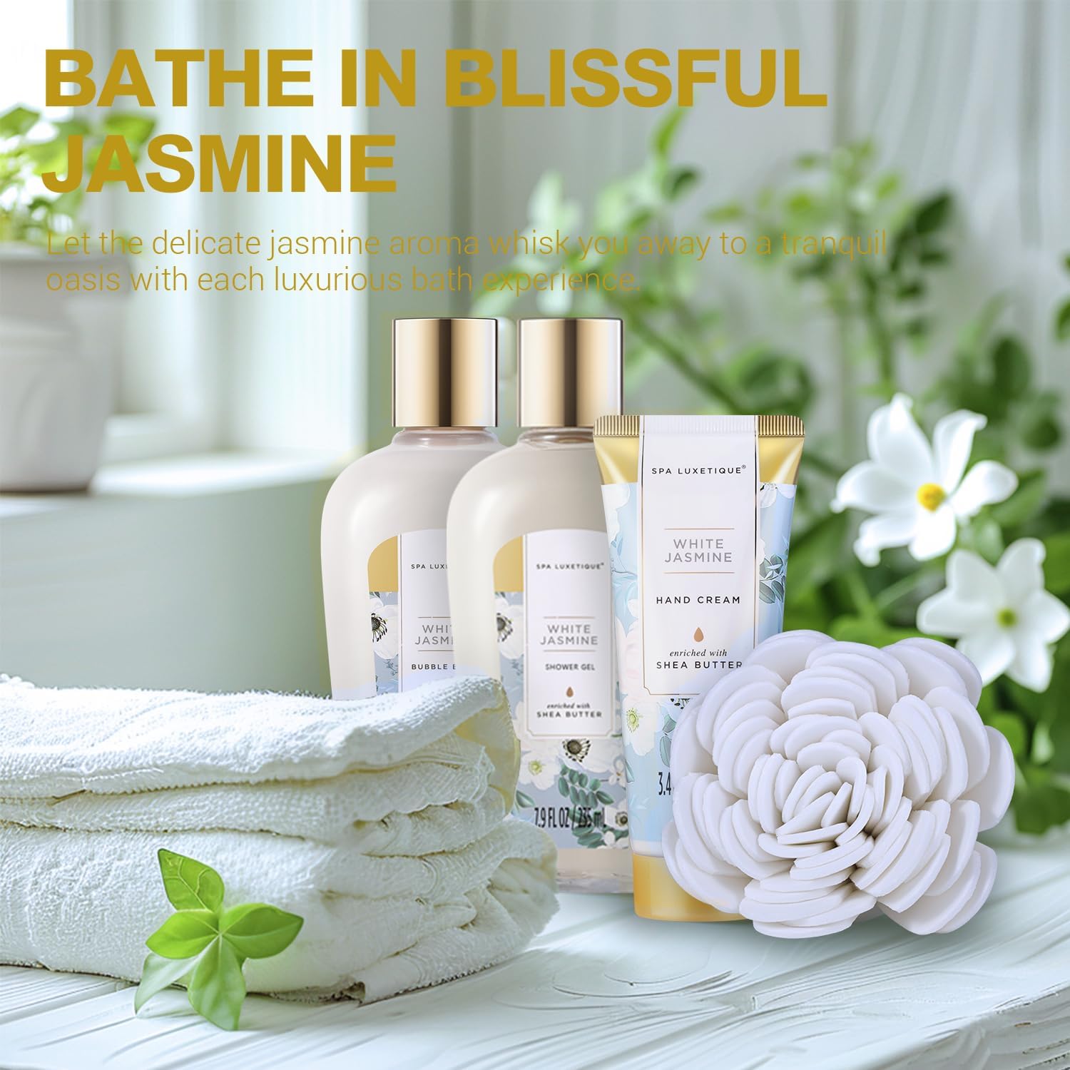 Spa Luxetique Gifts for Women 15pcs White Jasmine Gift Baskets for Women Luxury Relaxing Spa Kit with Tote Bag Birthday Gifts for Mom Friend Sister Wife Grandma Mothers Day Gift for Her - Image 3