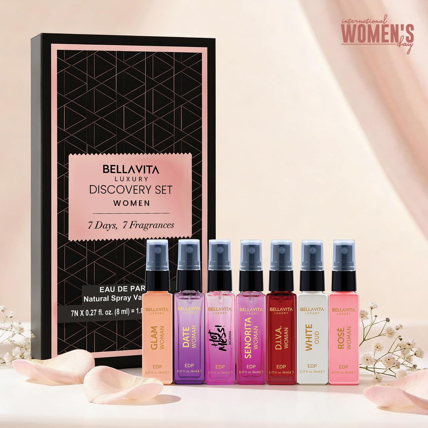 Bellavita Luxury Women's Perfume Discovery Gift Set with Date, Glam, Diva, Rose, Hot Mess, White Oud, and Senorita | 7 X 8ml | Floral, Fresh, Fruity Scent Profile | Mother's Day Present - Image 2