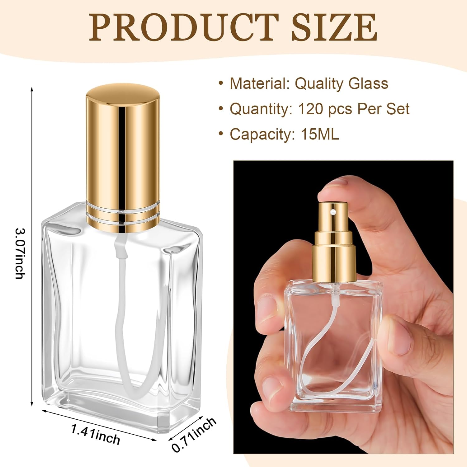Domensi 60 Pcs 10/15/30/50 ml Glass Square Perfume Bottles Mini Glass Empty Spray Atomizer Bottles Bulk Refillable Perfume Dispenser Container with Pump Tool for Travel (15 ml,Gold) - Image 2