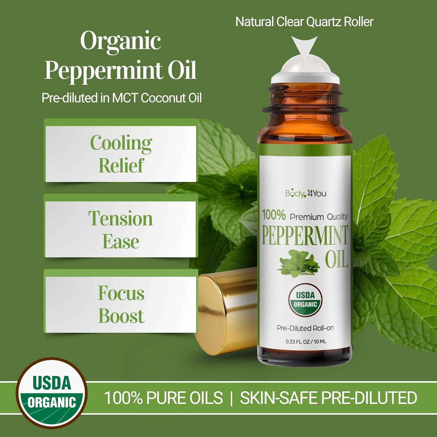 Peppermint Essential Oil Roll On for Nausea Relief Morning Sickness Pregnancy - 100% Pure USDA Organic MCT Coconut Oil - Headache Migraine Pregnant Women Safe Cooling - Gemstone Roller 10ml Travel - Image 2