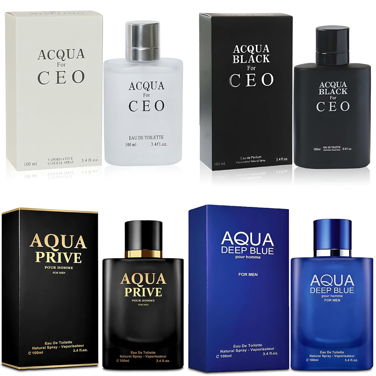A CENTER Men's Cologne Gift Set 4 Pack(Aqua Deep Blue,Priv,CEO,Black CEO) - 3.4 Fl Oz Each | Vanilla Woody & Citrus & Amber Floral Fragrance | Luxury Eau de Toilette