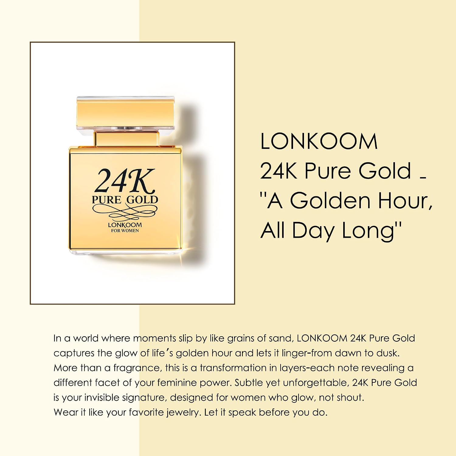 Lonkoom 24K Pure Gold Perfume for Women, Sweet Vanilla Perfumes Long Lasting Fragrance Eau de Parfum Praline Amber Fruity Strawberry Rose Musk Chocolate Notes, 3.4 Fl Oz - Image 3