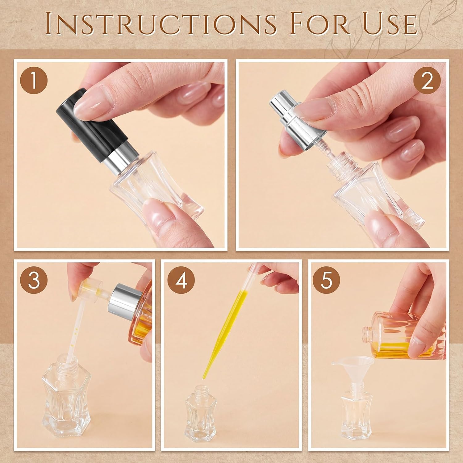 Domensi 30 Pack 5ml/8ml/10ml/15ml Perfume Bottles Empty Kit, Vintage Glass Perfume Travel Refillable Bottles, Mini Leak-proof Refillable Atomizer Spray Kit for Wedding Gifts(Black) - Image 4