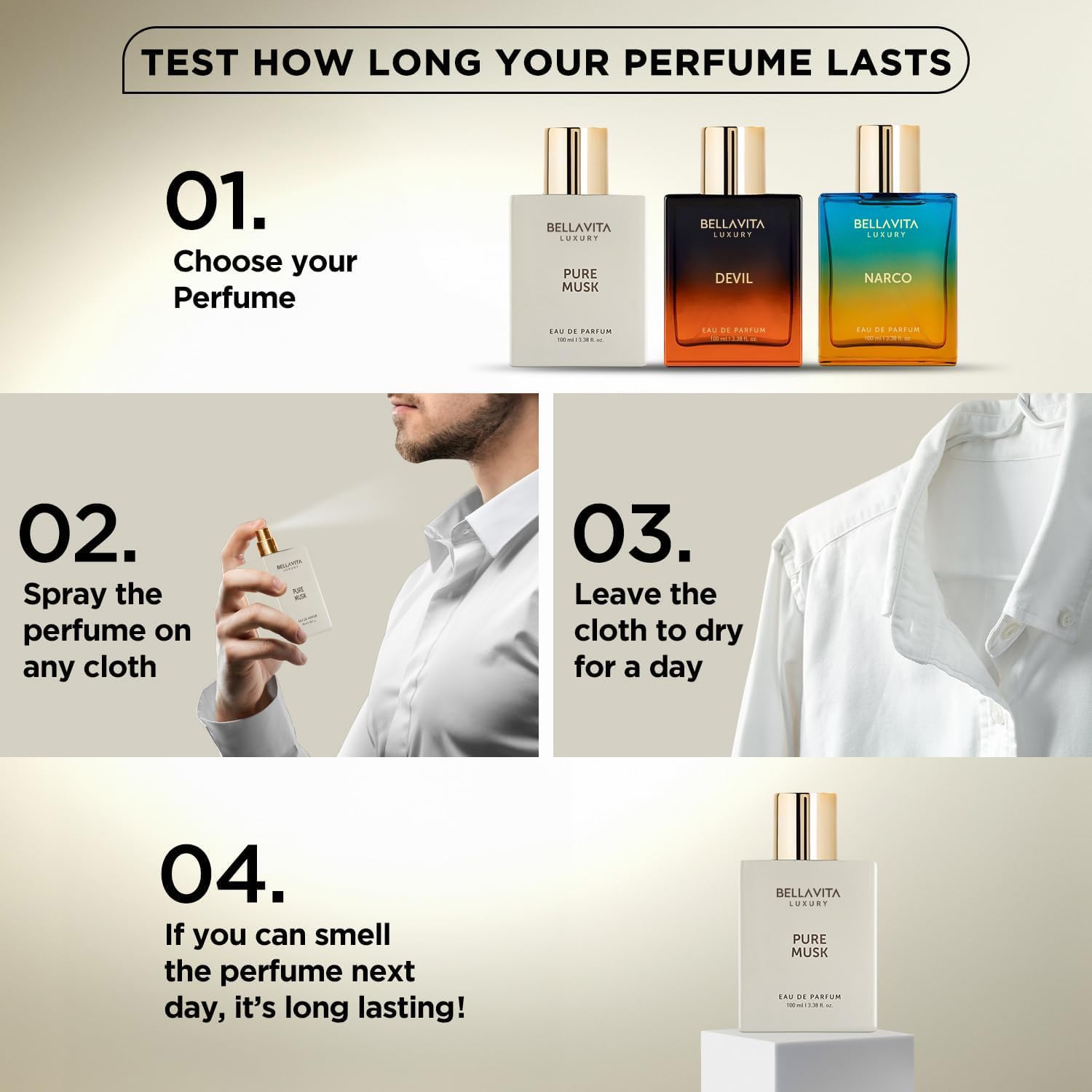 Bellavita Luxury Pure Musk Eau de Parfum | 100 ml (3.4 fl.oz.) | Perfume for Men and Women | Floral, Lily of the Valley, Sandalwood, Tolu Balsam Notes | Long Lasting Unisex Fragrance - Image 7