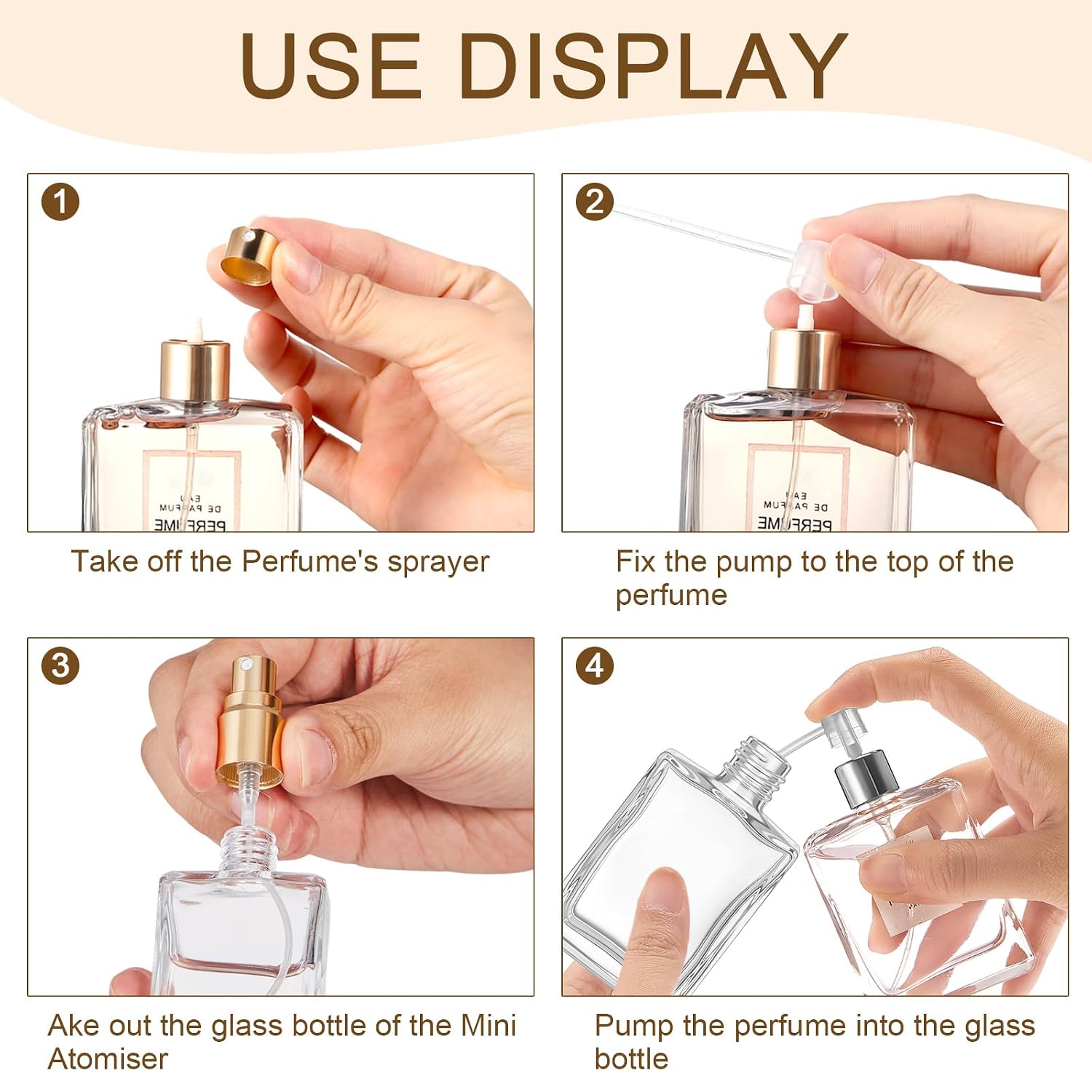 Domensi 60 Pcs 10/15/30/50 ml Glass Square Perfume Bottles Mini Glass Empty Spray Atomizer Bottles Bulk Refillable Perfume Dispenser Container with Pump Tool for Travel (15 ml,Gold) - Image 5