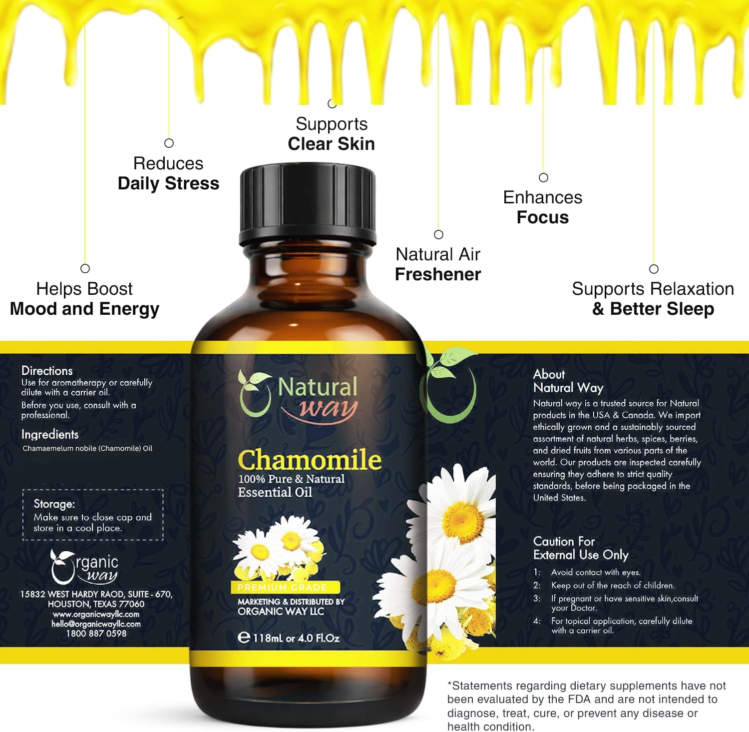 Chamomile Essential Oil | Pure Aromatherapy Oil for Diffusers, Hair Growth, Skin, Scalp Care, Massage | Refreshing Hair Oil for Women & Men | Natural Essential Oil for Diffuser | 4 Fl Oz (120 mL) - Image 3