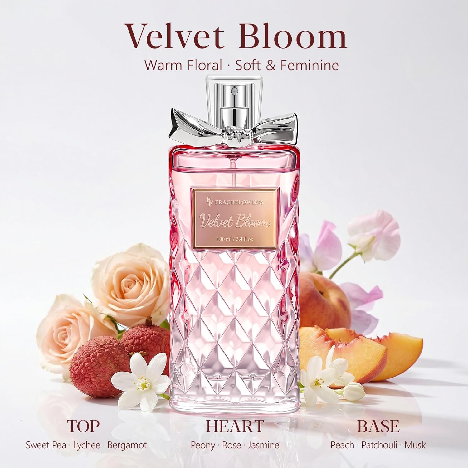 Perfume for Women, Alcohol-Free Long Lasting Floral Fragrance, Light & Soft Scent with Rose, Jasmine & Peony, Peach, Patchouli & Musk Base, 100ml / 3.4 fl oz, Gift for Women & Moms (Velvet Bloom) - Image 4
