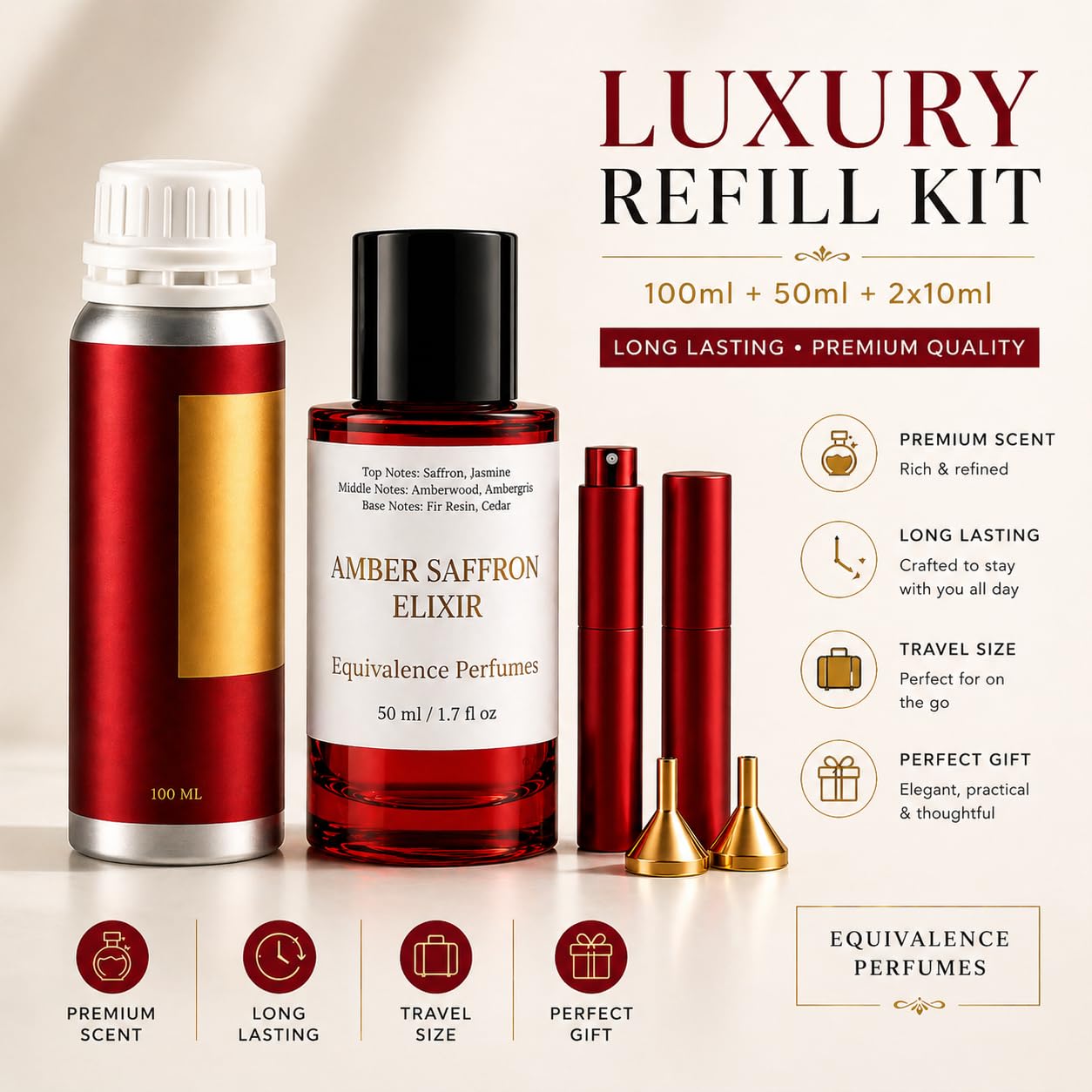 Luxury Refill Kit Inspired by B.acarrat R.ouge 5.40 – 100ml Elixir Bottle + 50ml Bottle Bundle – 2 Travel Size 10ml – Long Lasting Perfume Set for Women & Men - Image 3