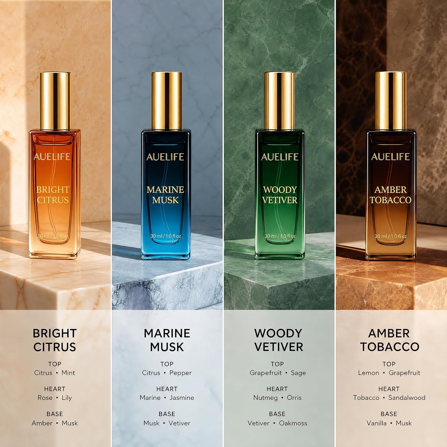 Auelife Men's Perfume Gift Set, 4x30mL Cologne, Gifts for Father, Dad & Him | Marine Musk, Woody Vetiver, Amber Tobacco & Bright Citrus Scents, Long-Lasting Alcohol-Free Perfume for Work, Dates & Travel - Image 4