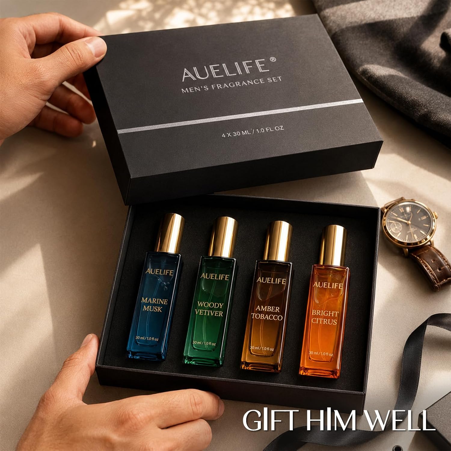 Auelife Men's Perfume Gift Set, 4x30mL Cologne, Gifts for Father, Dad & Him | Marine Musk, Woody Vetiver, Amber Tobacco & Bright Citrus Scents, Long-Lasting Alcohol-Free Perfume for Work, Dates & Travel - Image 2