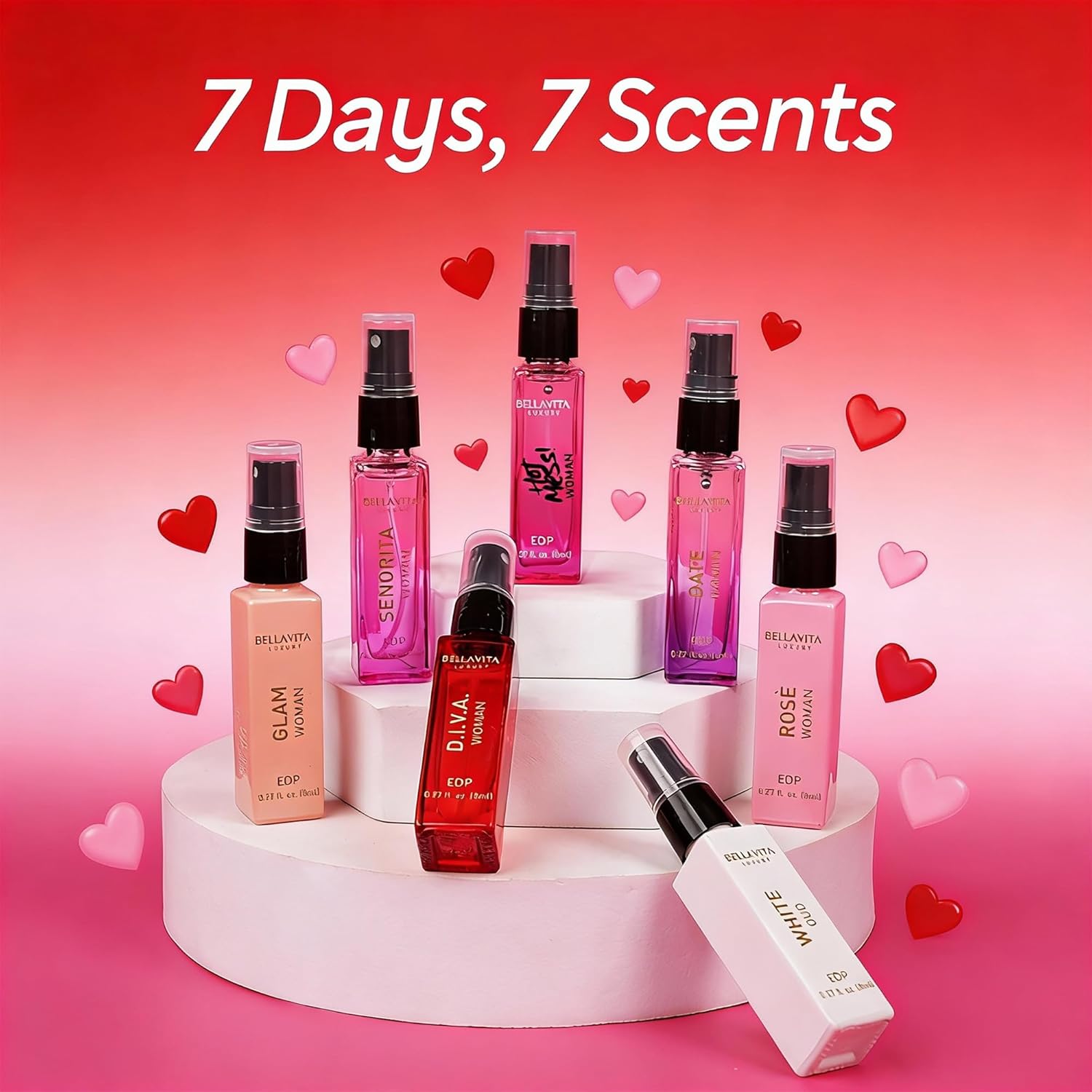 Bellavita Luxury Women's Perfume Discovery Gift Set with Date, Glam, Diva, Rose, Hot Mess, White Oud, and Senorita | 7 X 8ml | Floral, Fresh, Fruity Scent Profile | Mother's Day Present - Image 3