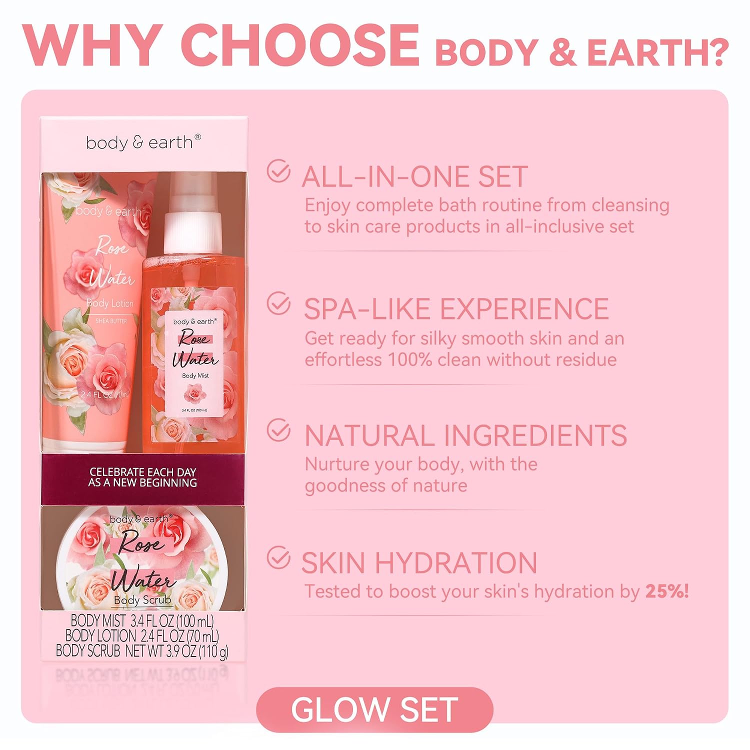 BODY & EARTH Gift Set - Spa Sets for Women, Perfume, Body Lotion, and Scrub in a Rose Water Box - Perfect Birthday Gifts for Mom Girlfriend Her - Image 2
