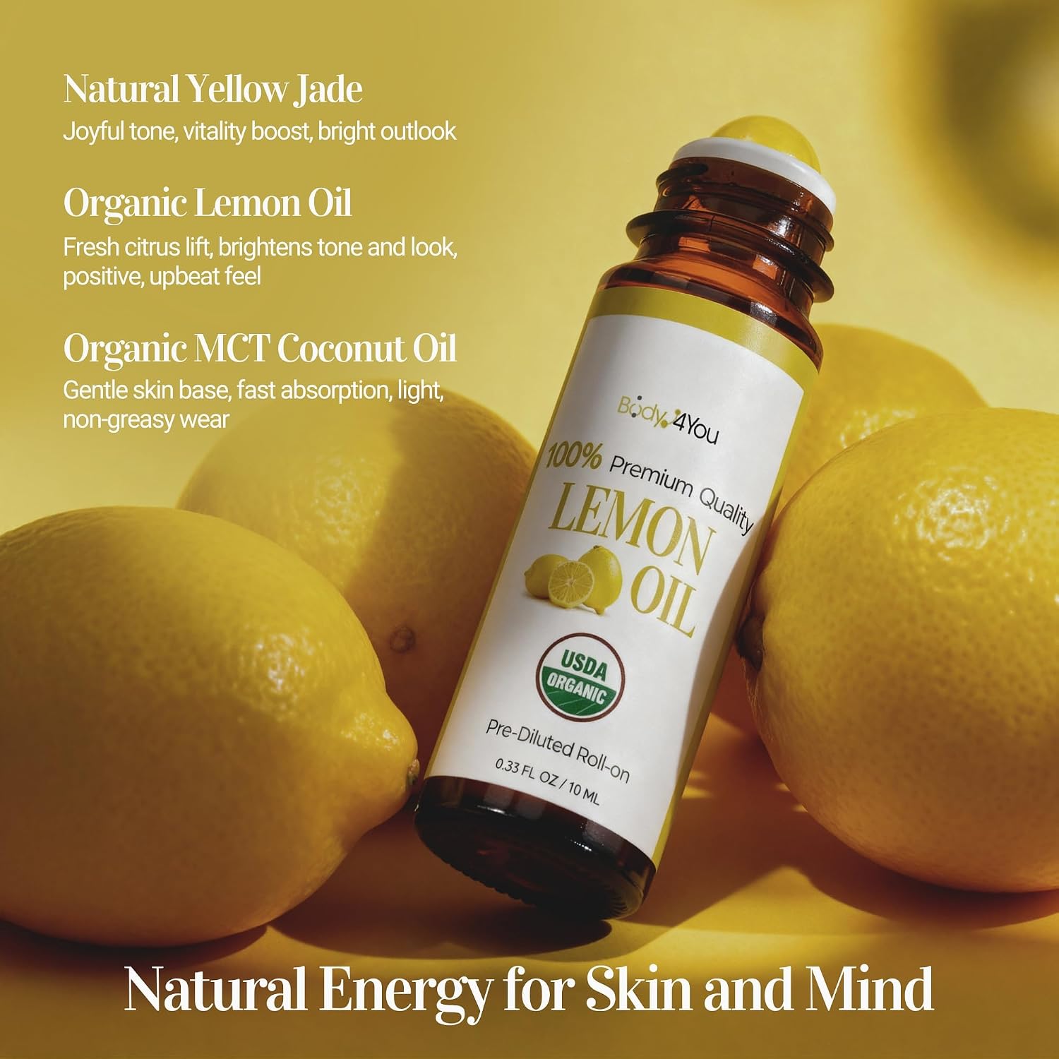 Lemon Essential Oil Roll On for Energy Mood Uplift Anxiety Relief - 100% Pure USDA Organic MCT Coconut Oil - Mental Clarity Focus Positivity Citrus Scent Perfume - Gemstone Roller 10ml Travel Size - Image 6