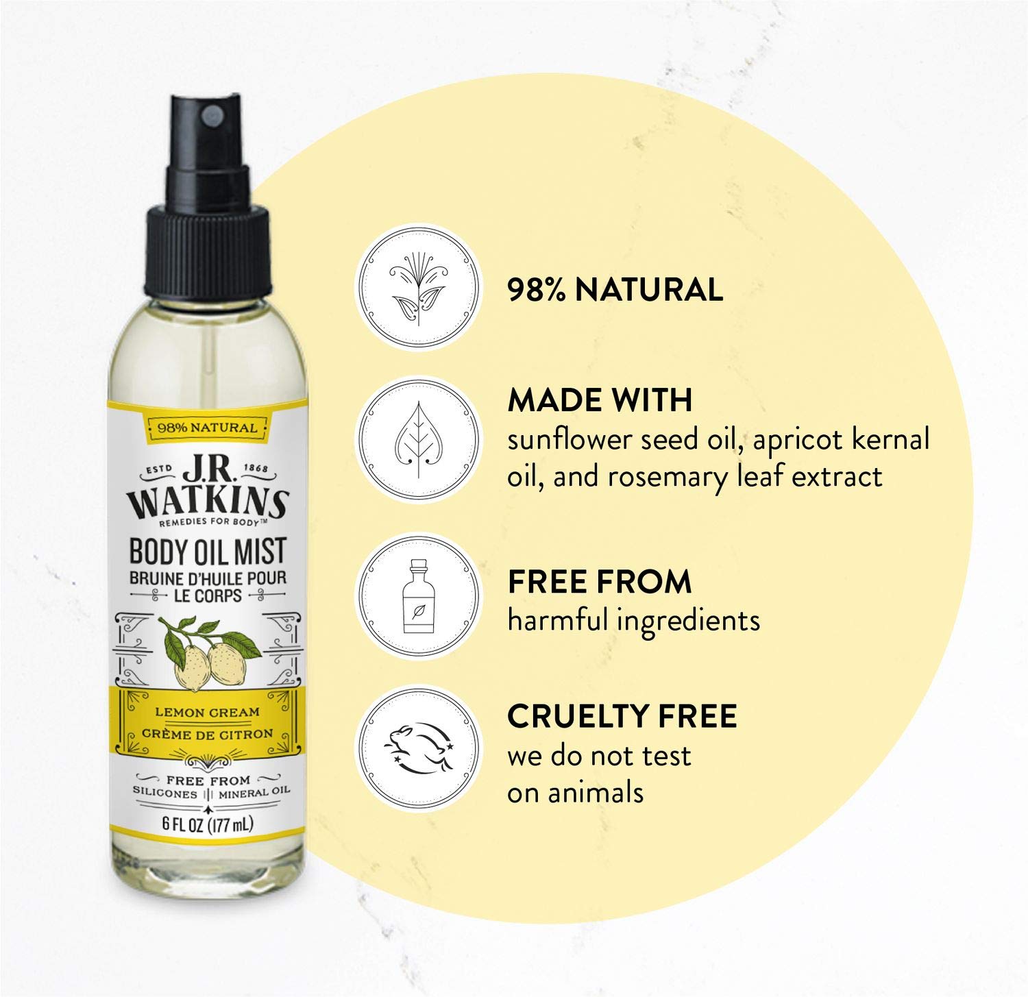 J.R. Watkins Natural Hydrating Body Oil Mist, Lemon Cream, Moisturizing Body Oil Spray for Glowing Skin, USA Made and Cruelty Free, 6 fl oz, Single - Image 2