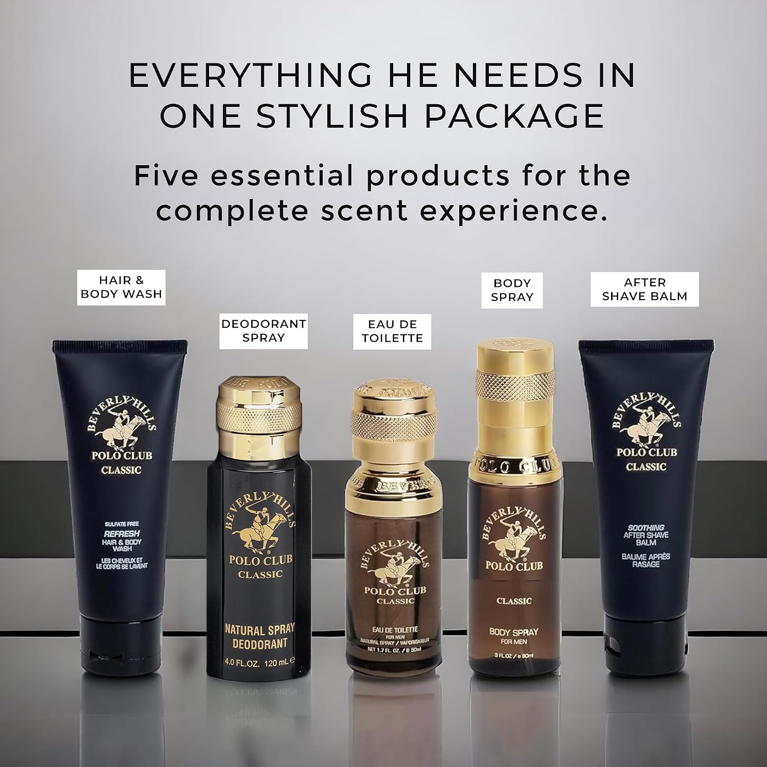 Beverly Hills Polo Club BHPC Cologne 5 Piece Gift Set for Men | Eau de Toillete, Deodorant, Shower Gel, Body Wash, Body Spray Fragrances (Classic) - Image 4