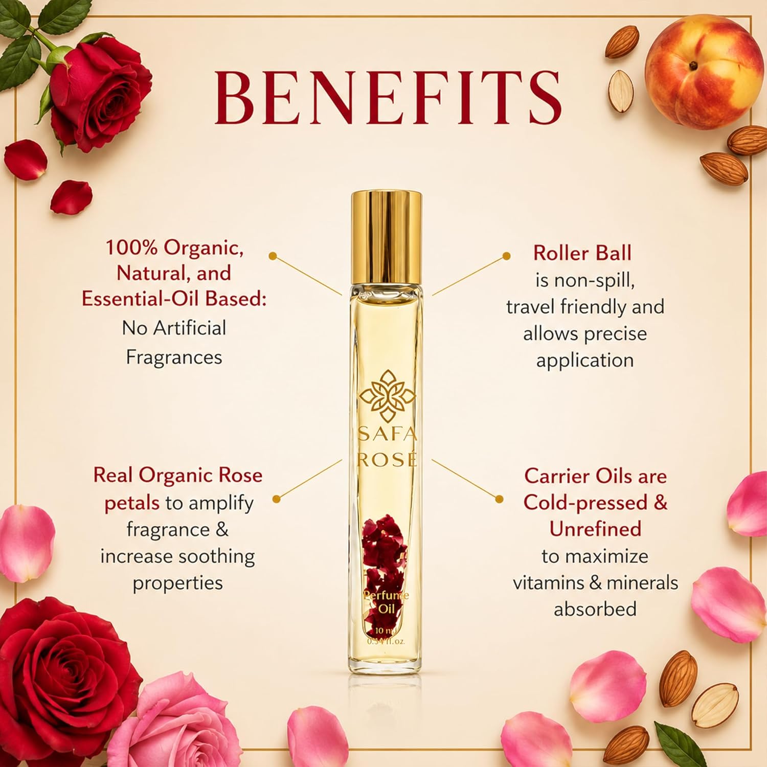 SAFA Rosé Organic Rose Oil Perfume Roller | Bulgarian Damask & Indian Rose Petals | 10 mL Long Lasting Perfume Oil for Women & Men | Non-Toxic, Alcohol-Free & Travel Friendly - Image 3