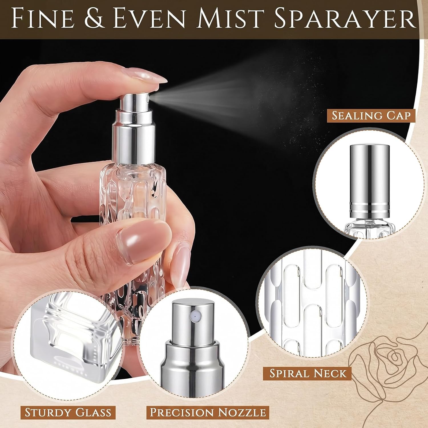Domensi 30 Pack 5ml/8ml/10ml/15ml Perfume Bottles Empty Kit, Vintage Glass Perfume Travel Refillable Bottles, Mini Leak-proof Refillable Atomizer Spray Kit for Wedding Gifts(Silver) - Image 3